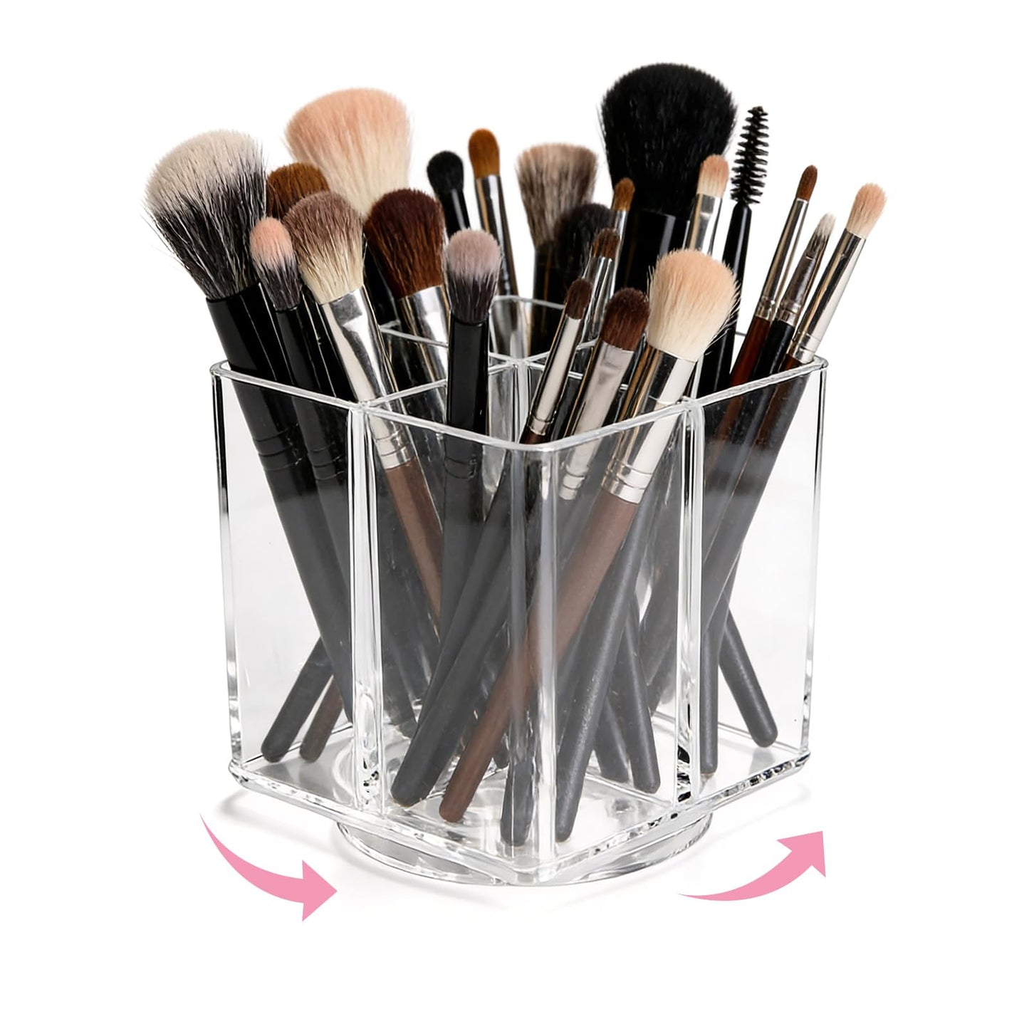 HALAGAS Acrylic Makeup Brush Holder, Clear Rotating Makeup Brush Holder Organizer with 4 Slots, Square Makeup Brush Cup for Vanity Desk Countertop Bathroom