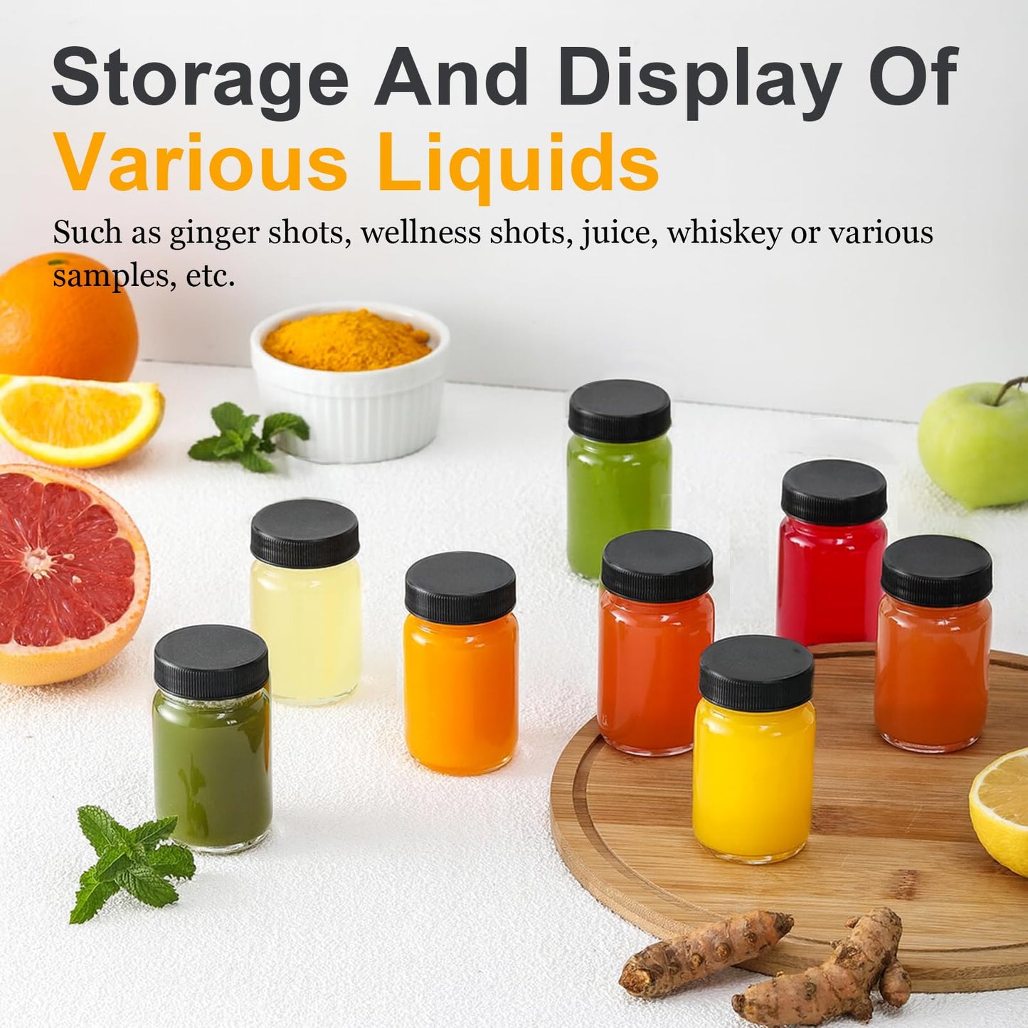 WERTIOO 24 Pack 2oz Glass Jars with Lids - Glass Shot Bottles Set for Liquids, Juicing, Ginger Shot, Sample - Small Containers with Screw Caps - Clear Mini Round Bottles - Leakproof/Wide Mouth