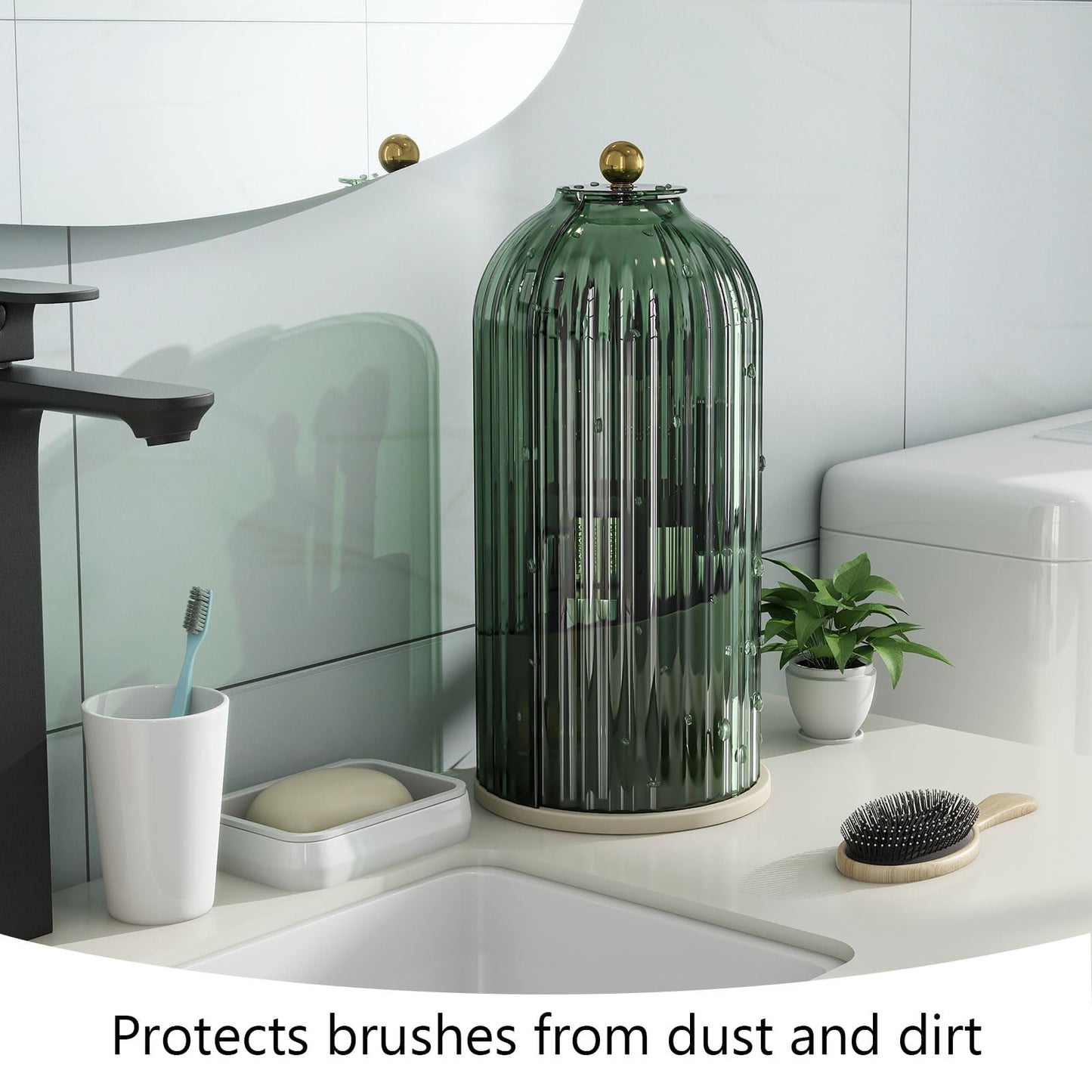 Emljkvp Makeup Brush Holder with Dustproof Cover 360 Rotating Makeup Brush Organizer for Vanity Bathroom, Green
