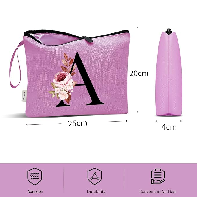 Vavabox A-Z Personalized Makeup Bag, Birthday Gifts for Women Mom, Gifts for Best Friend, Bride Bridesmaid Cosmetic bag (A, Purple)