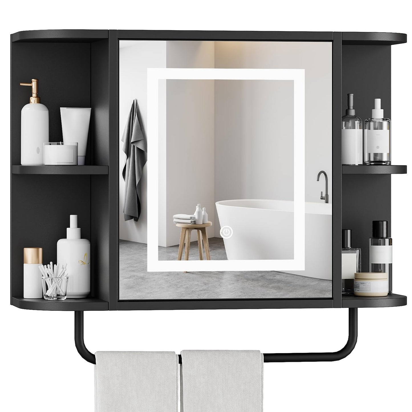 Bathroom Wall Cabinet with Mirror, Mirrored Medicine Cabinet with 3 Colors LED Light and 4 Open Shelves, Wall Mounted Over Toilet Storage Cabinets with Adjustable Shelf, 21.7"L x 6.7"W x 18.1"H, Black