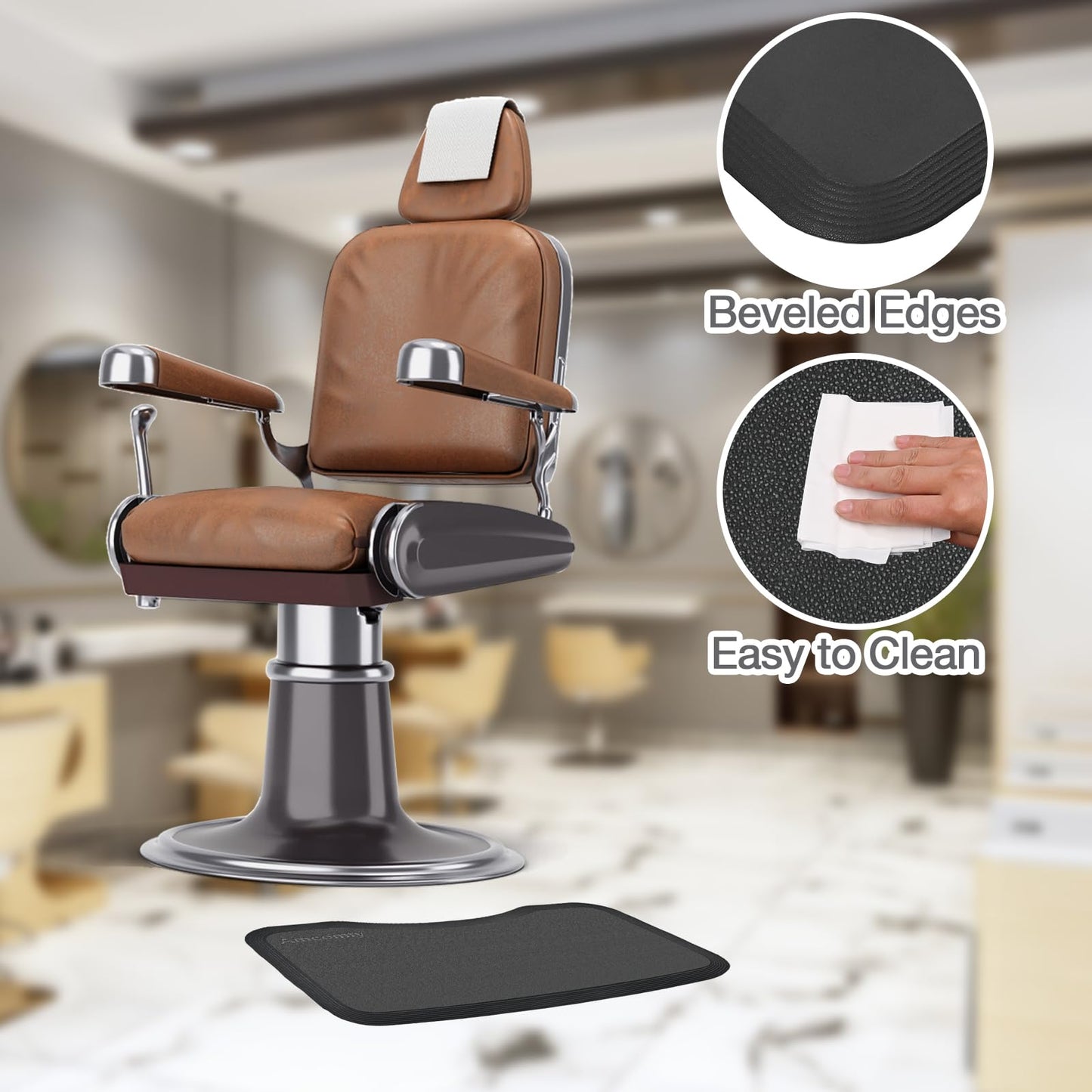 Amcomfy 17''x28'' Small Anti Fatigue Salon Mat for Single Hair Stylist - Anti-Slip Antique Series Barber Shop Chair Floor Mat (5/8'' Thick, Black) - Compact & Budget-Friendly