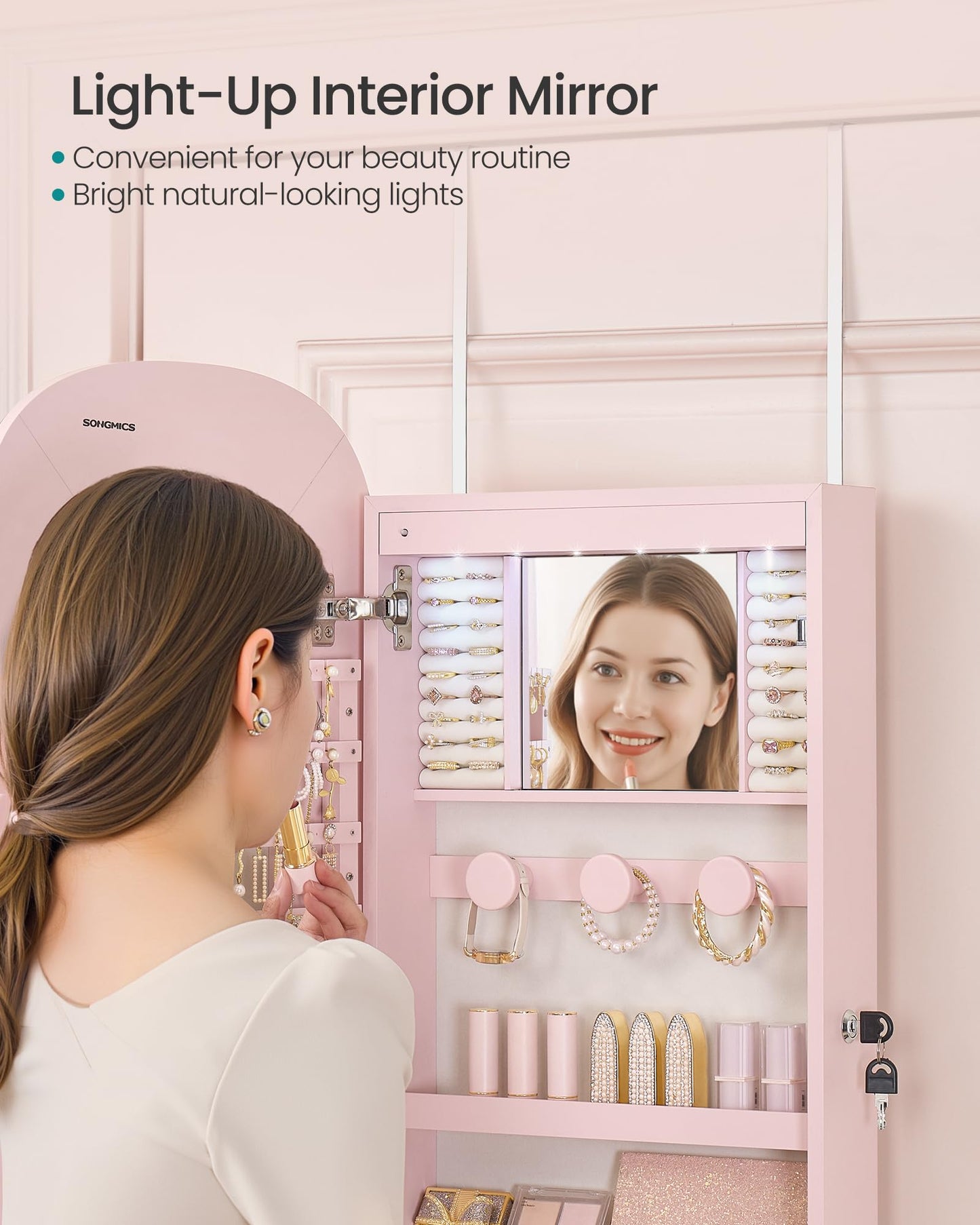 SONGMICS Jewelry Organizer, LED Jewelry Cabinet Wall/Door Mounted, Lockable Rounded Wide Mirror with Storage, Interior Mirror, 3.9 x 16.5 x 42.5 Inches, Jelly Pink Surface with Cream White Lining