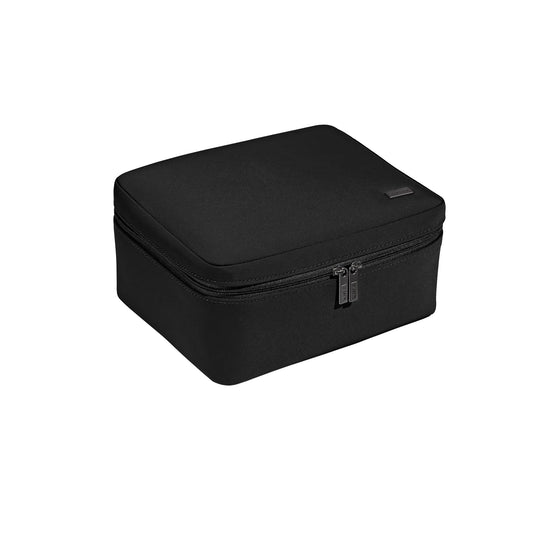 Away The Cosmetics Bag - Water-Repellent Cosmetic Travel Bag with Detachable Brush Organizer, Spill-Proof Bottom Compartment, Transparent Pockets - Jet Black