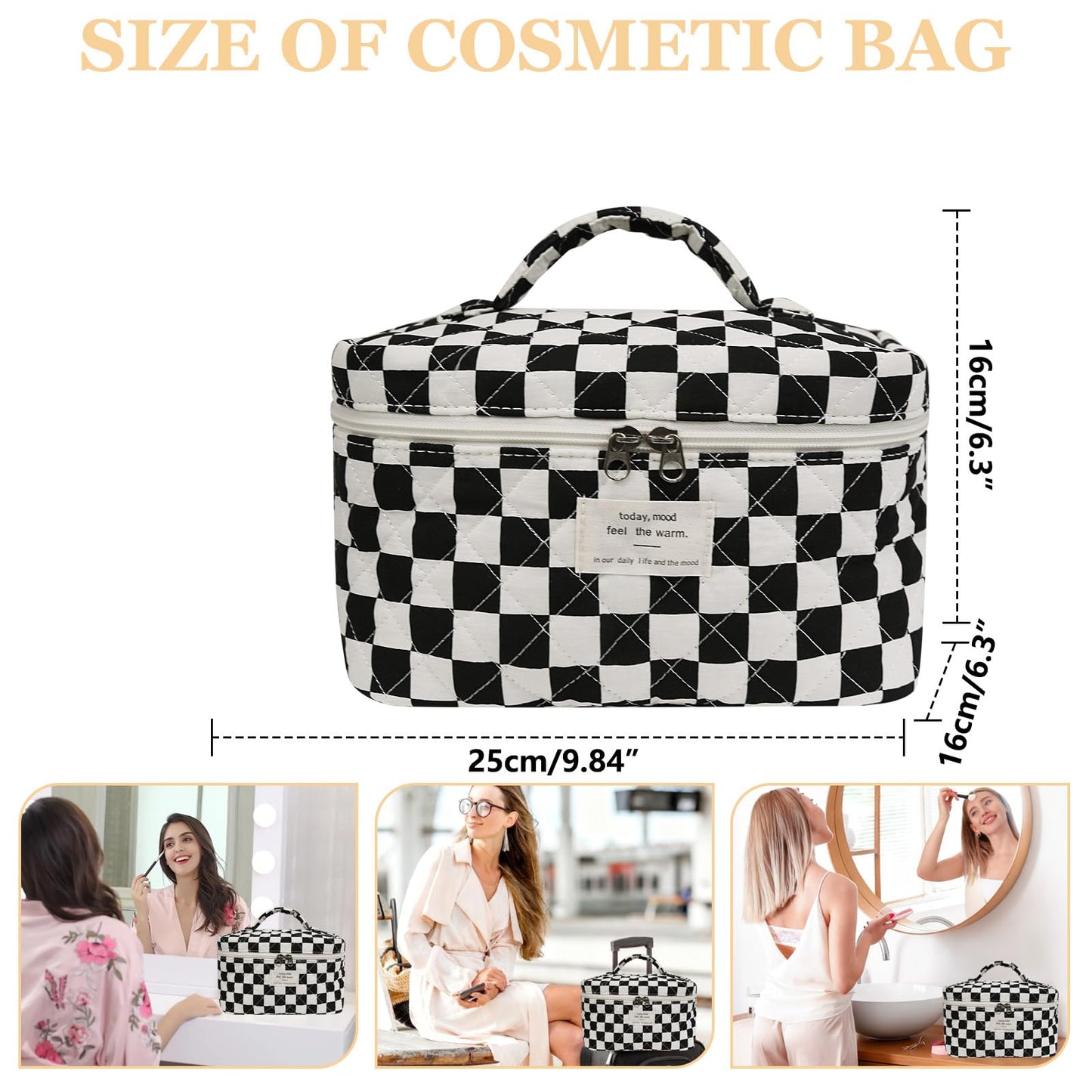 Gosect Large Makeup Bag, Cute Cosmetic Bag for Women Girls, Floral Coquette Aesthetic Toiletry Bag, Travel Make Up Organizer Bag (Black Checkered)