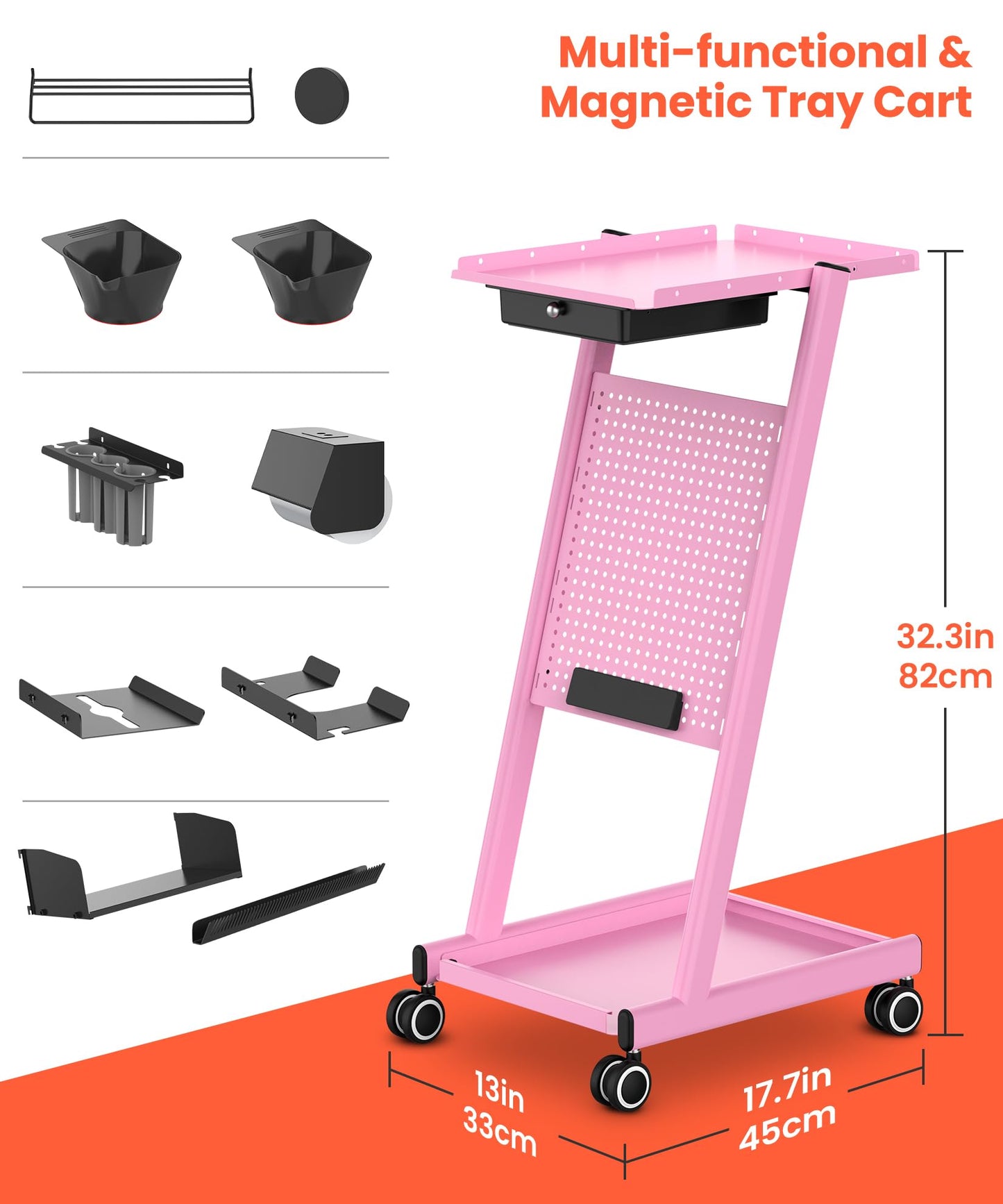 TASALON Premiu Multifunctional Rolling Workstation Table with 360 Degree Mute Universal Wheel for Tattoo Work,Beauty Salon Spa Stools Service Storage Tray with Pegboard - Pink