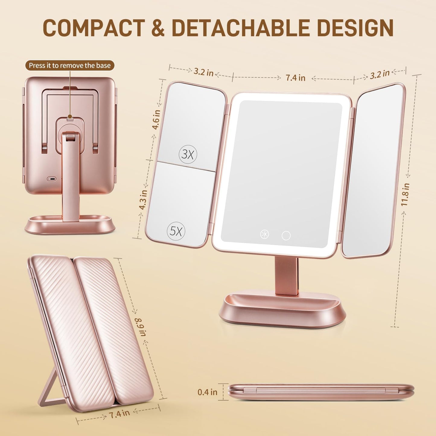 FRANO Lighted Makeup Mirror with 1X/3X/5X Magnification, Elegant Rose Gold Trifold Vanity Mirror, Smart Touch & Sensor, 3 Lighting Modes, Rechargeable Portable Mirror for Gift - Rose Gold