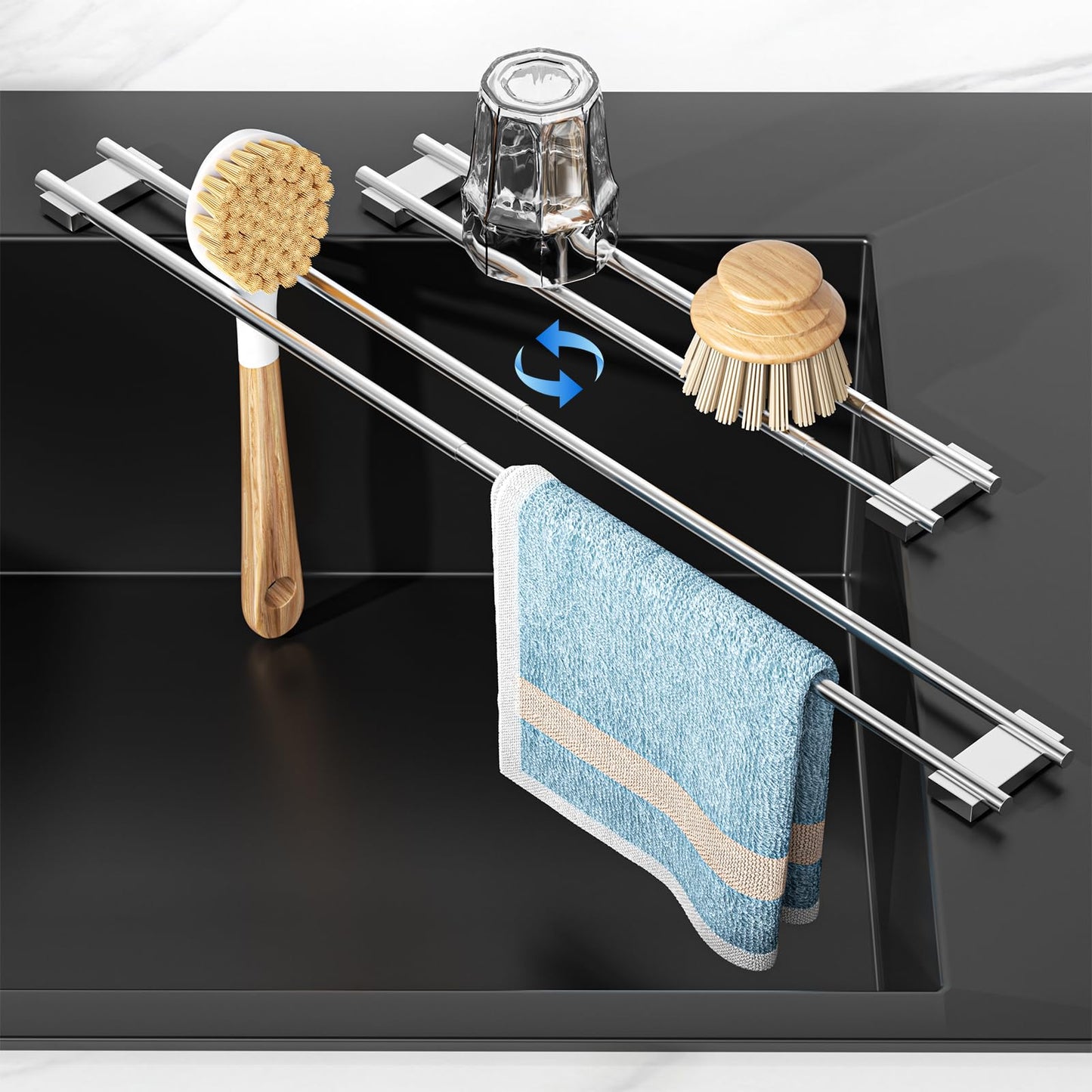 XILIMEN Dish Cloth Holder for Kitchen Sink, Adjustable Over-The-Sink Dish Rag Rack, Metal Kitchen Racks Sink Brush Holder, Drying Rack for Dishcloths, Sponges, Brushes, and Bottles (1, Sliver)