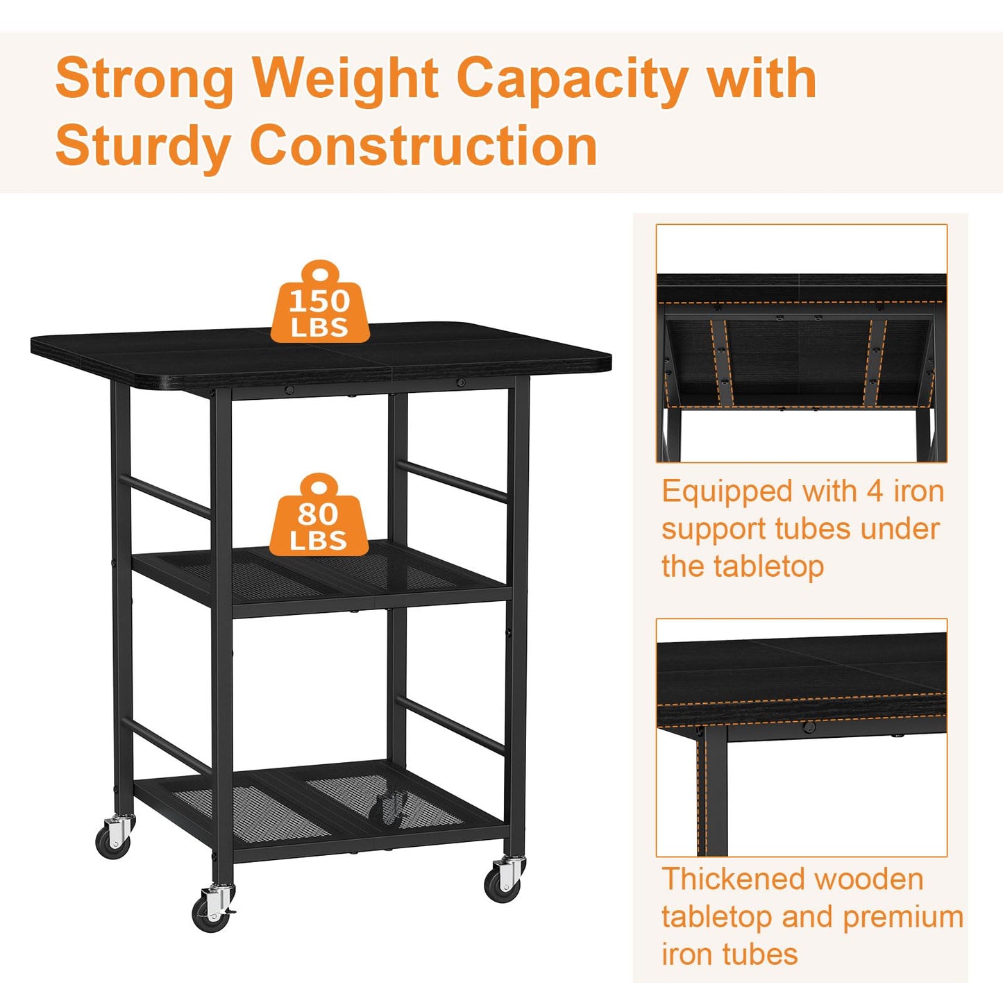 Snughome 3-Tier Printer Stand, 19.7" D×23.6" W×26.5" H Extra Large Printer Table with Storage Shelves, Rolling Cart with Lockable Wheels for Home Office, Black