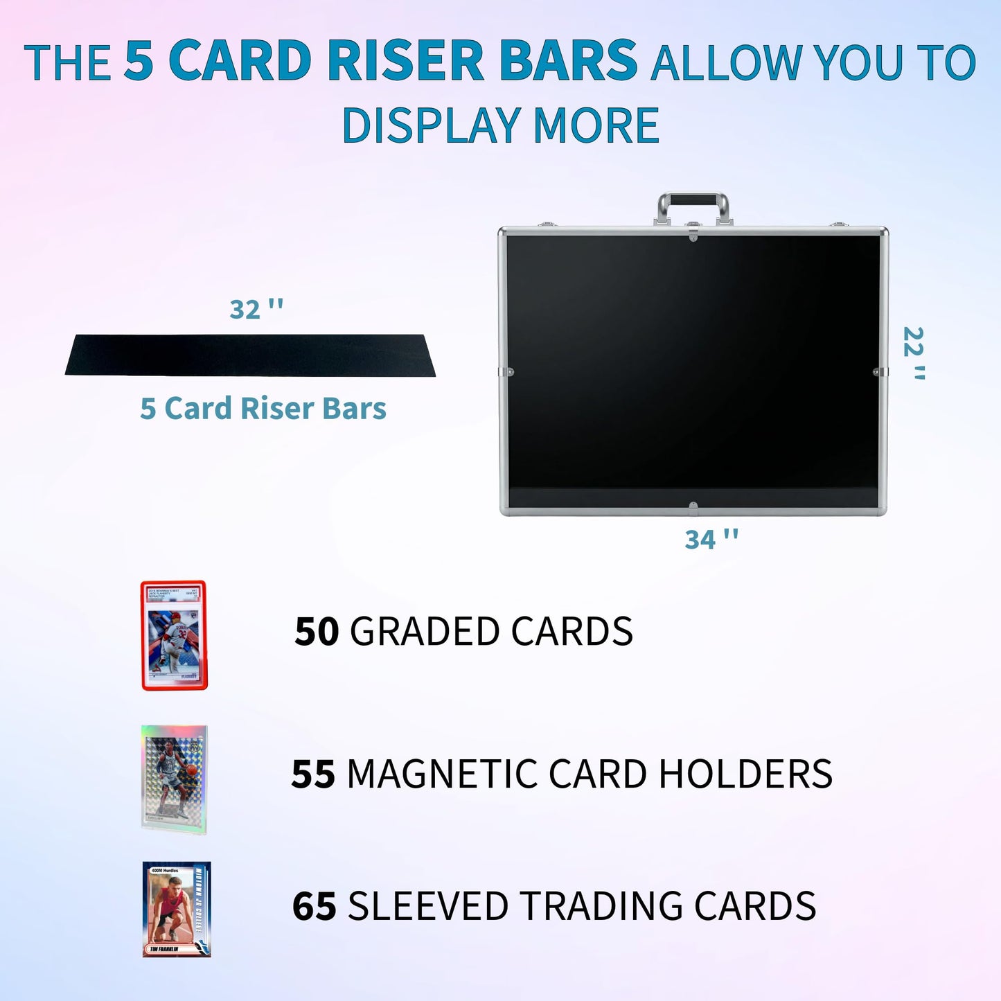 Professional Large Card Display Case (5 Card Riser Bars, Built-in Prop Rod and 80 Stickers) | 34 x 22 inches | Tabletop TradeShow Display Case for Sports Cards & Trading Cards | Aluminum Frame -Silver