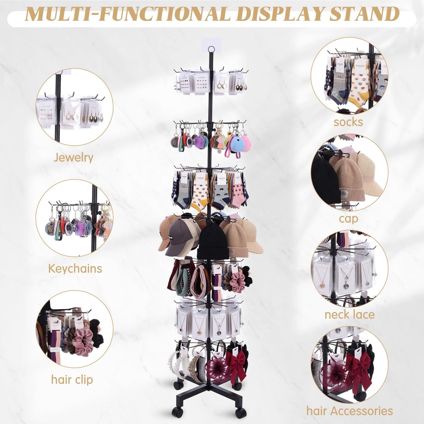 Ripeng 2 Pcs 7-Tier Rotating Retail Display Stand Display Rack for Earring Keychains Jewelry Vendor Events and Stores Movable Adjustable Shop Spinner Black Ornament Holder