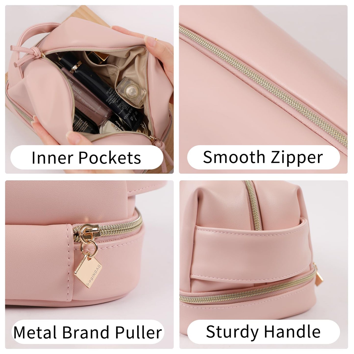 bagINBAG QIANPA Double Layer Makeup Bag, Large Waterproof Travel Bag with Handle and Brush Compartment for Women (Light Pink)