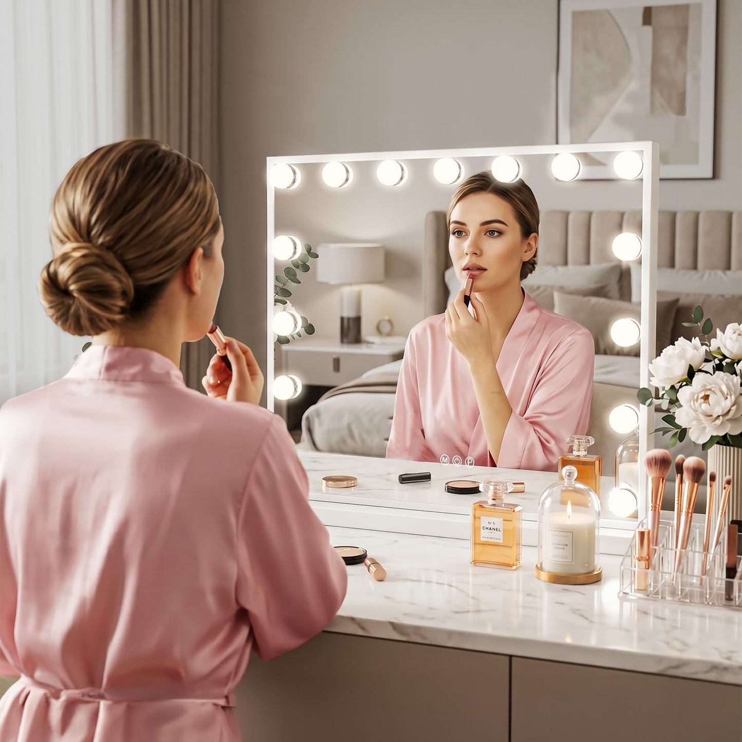 FENCHILIN Vanity Mirror with Lights, Hollywood Lighted Makeup Mirror with 15 Dimmable LED Bulbs for Dressing Room & Bedroom, Slim Metal Frame Design, Tabletop White