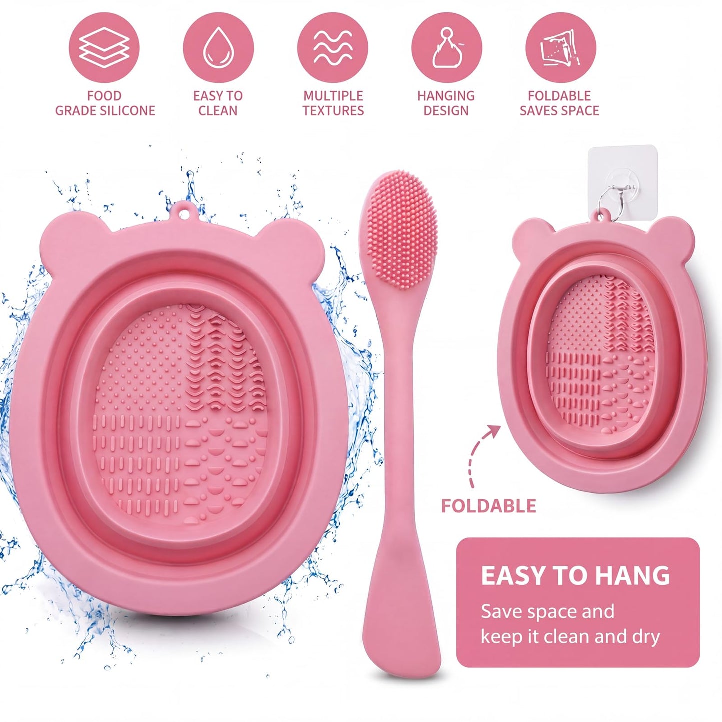 Silicone Makeup Brush Cleaner Pad with Scrubbing Textures, Bear Shape, Purple, Includes Cleaning Spatula (pink)