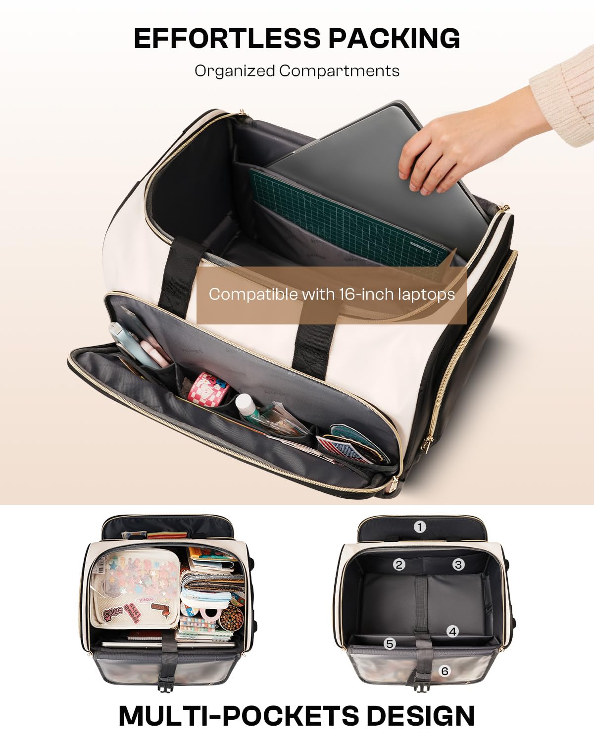 Rolling Craft Bag with Wheels, All-in-One Rolling Scrapbook Tote No Installation Required, Rolling Teacher Bag Fits 16” Laptop, Art bags for supplies for DIY, Sewing, Scrapbooking Supplies,Beige Brown