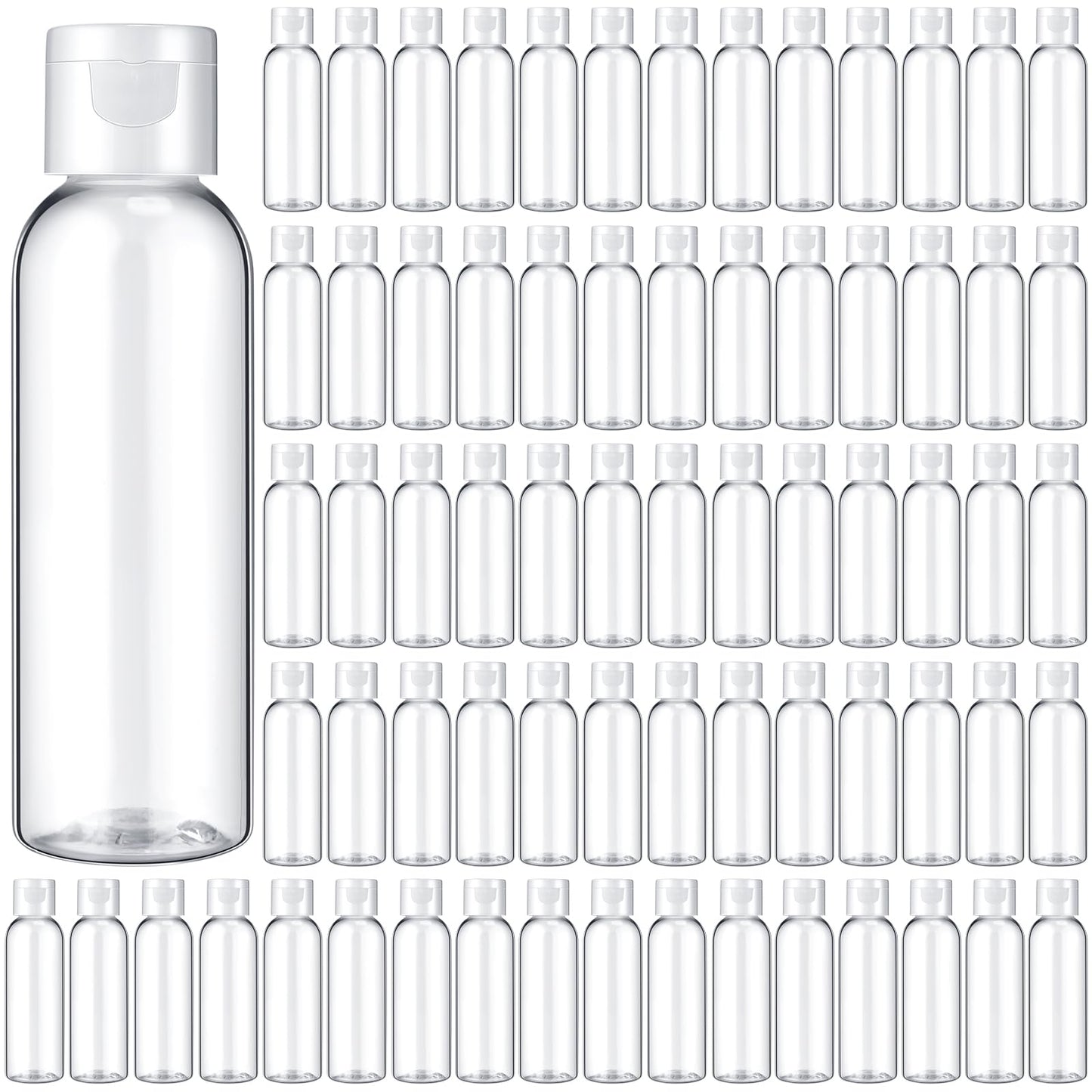 Zhehao 200 Pcs 2 oz Clear Plastic Empty Bottles Small Travel Size Bottles with Flip Cap Empty Transparent Dispenser Container for Liquids Toiletries Shampoo Lotion(White Cap)