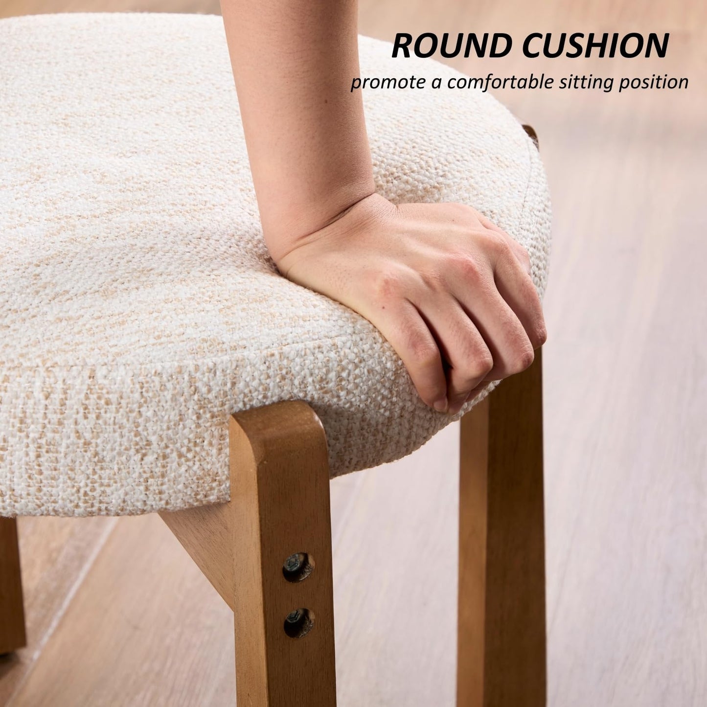 HEAH-YO Wood Vanity Chair with Back, Chenille Upholstered Small Ottoman Footstool, Mid-Century Modern Makeup Chair with Solid Wood Legs for Makeup Room Bedroom Living Room, Beige