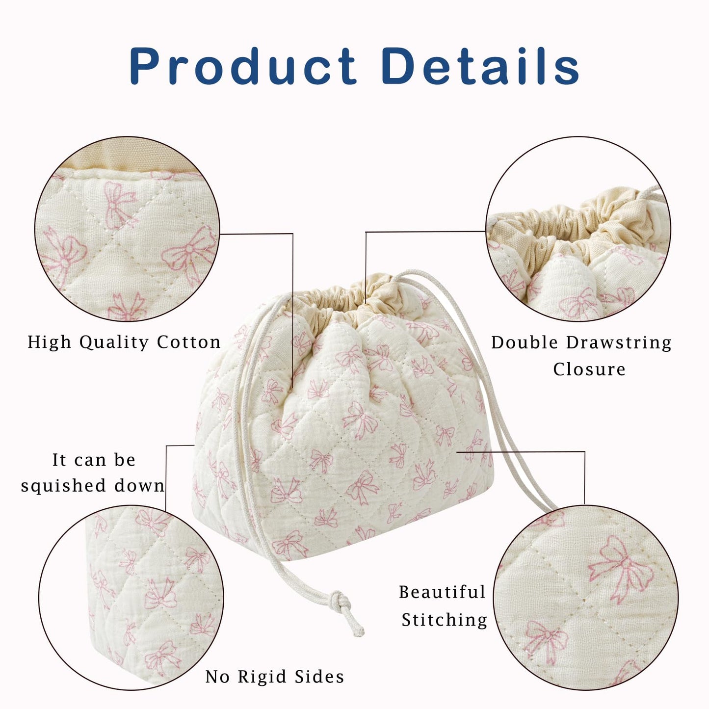 Cotton Quilted Drawstring Makeup Bag with Canvas Lining,Coquette Aesthetic Cute Travel Toiletry Bag,Drawstring Gift Bag for Women and Girls（12White Small Bow）