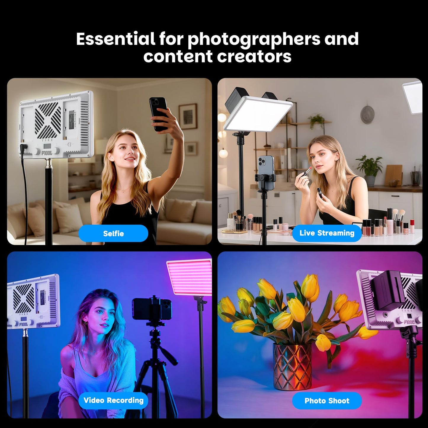 YSKE-100W RGB LED Photography Light & Panel Light, Professional Camera Light Video Light with Softbox Lighting Kit, Continuous Selfie Light for Podcast, YouTube, Video and Photography Lights.