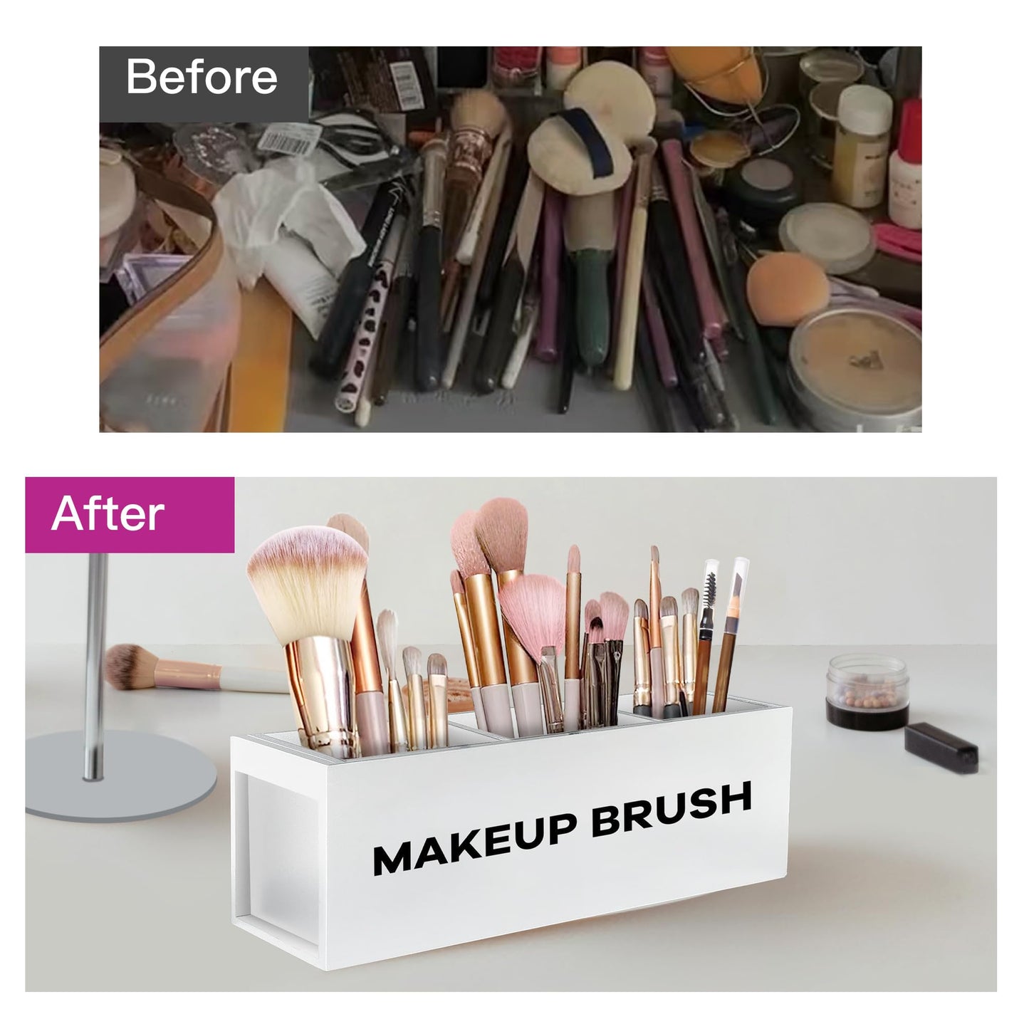 Suli Large Makeup Brush Holder Organizer, Wooden Cosmetic Brushes Storage with 3 Slots, Eyeliners Display Case for Vanity Desktop Bathroom Countertop -White