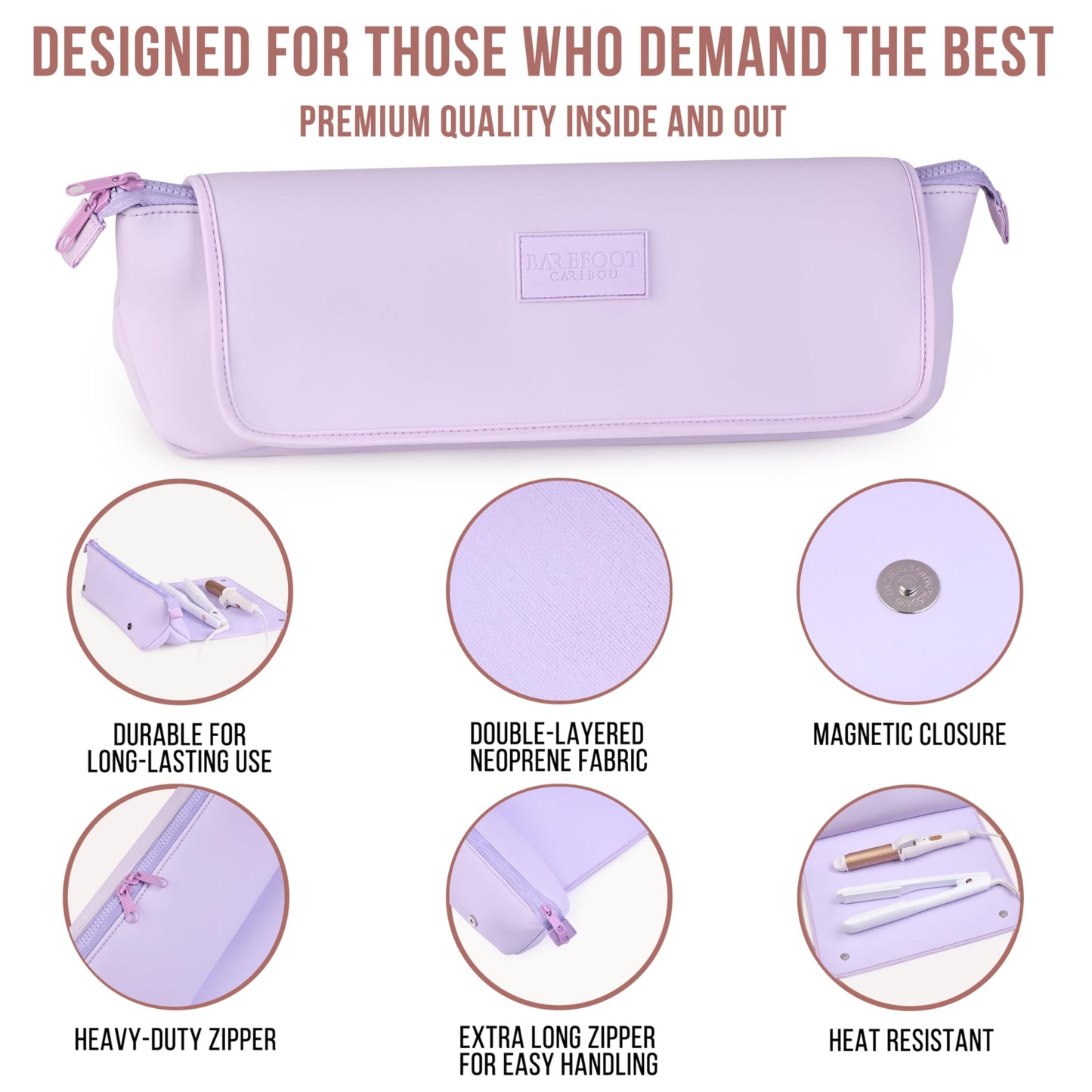 BAREFOOT CARIBOU Hair Tools Travel Bag and Heat Resistant Mat (15.5") for Flat Irons, Straighteners, Curling Iron, and Haircare Accessories, 2-in-1 design, Interior Pockets, Portable Organizer (Lilac)