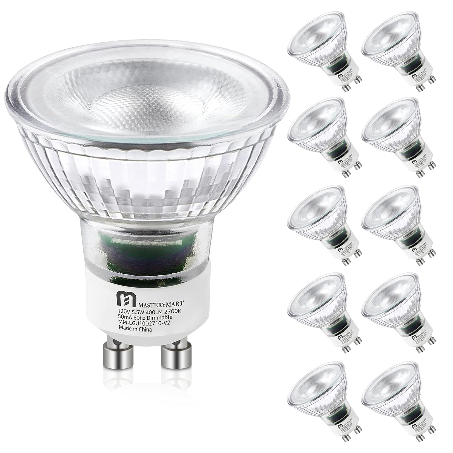 MASTERY MART Dimmable GU10 LED Light Bulbs, 5.5W Bright 2700K Soft White 50W Halogen Equivalent, 400lm Energy Saver for Track Lighting Fixture, Kitchen, Basement, Living Room, 25000 Hours, 10 Pack