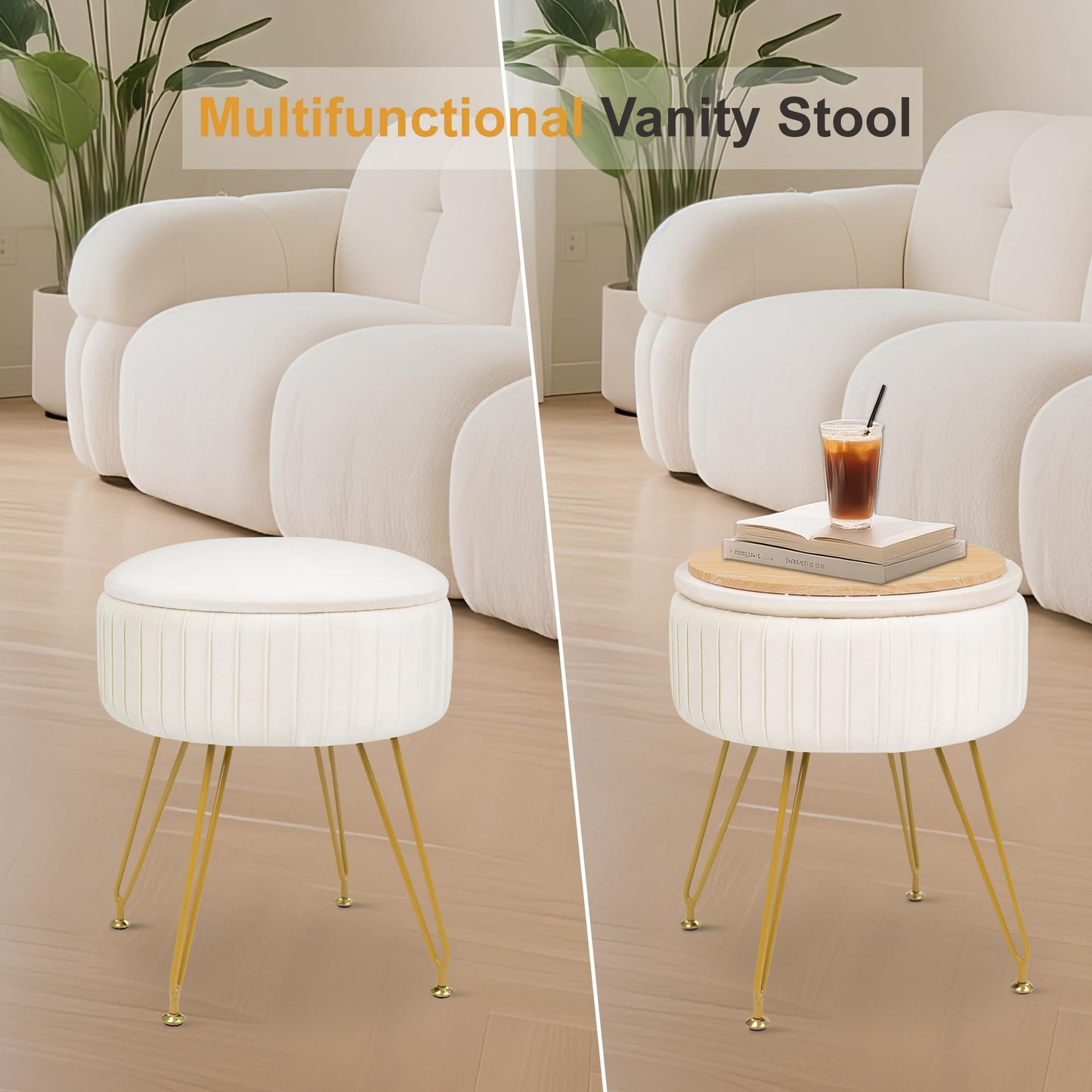 xupersodys Round Vanity Stool with Storage Ottoman,Vanity Chair for Makeup Room with Removable Cover, Small Footrest Ottoman for Home, Living Room, Bedroom (Beige)