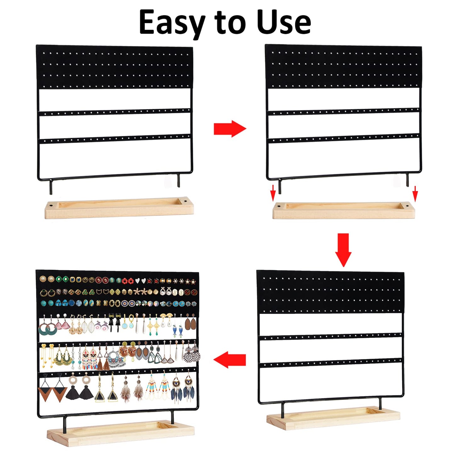 GPUSFAK Earring Holder Organizer Stand - Earrings Display Rack 145 Holes Jewelry Holder Tower with Wooden Tray for Earrings Rings Black