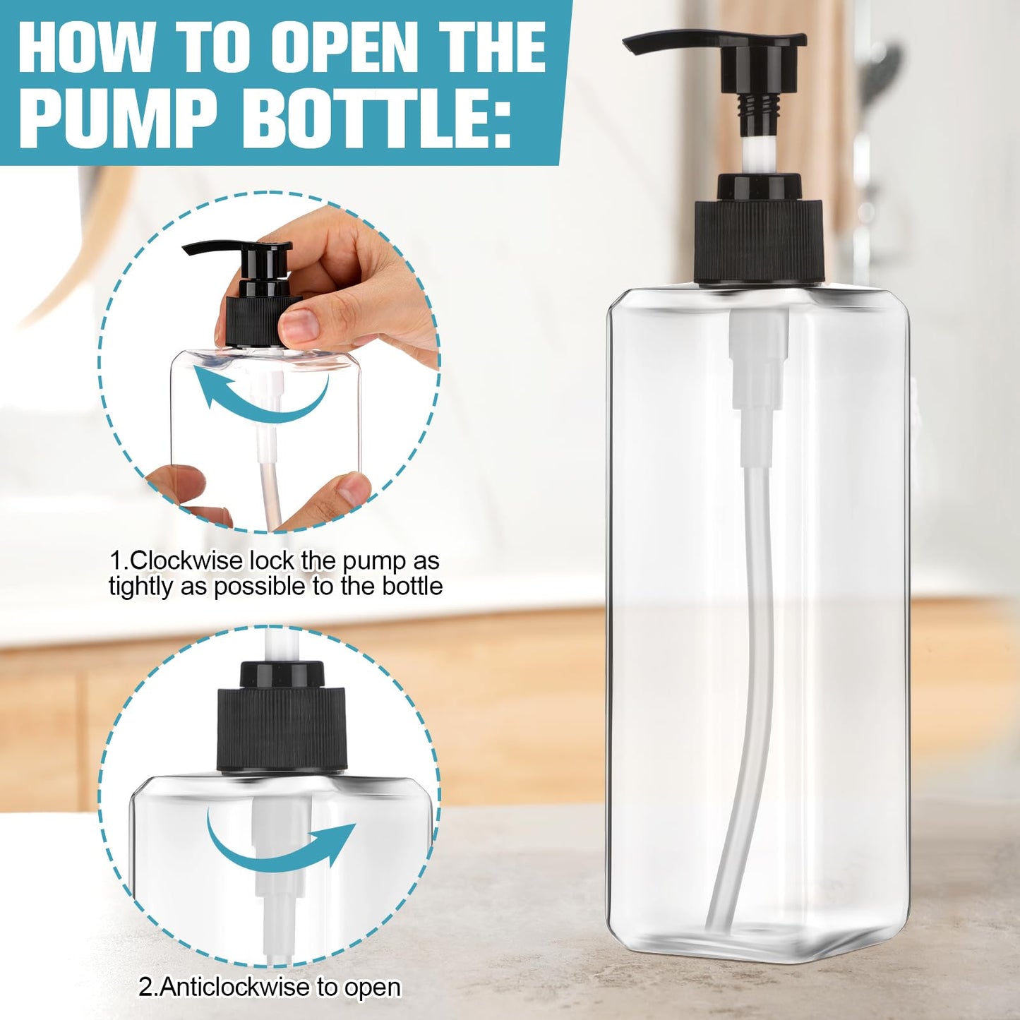Didaey 8 Pcs Empty Shampoo Bottles with Pump 16 Oz Plastic Soap Dispenser Refillable Body Wash Bottles for Bathroom, Kitchen Sink, Hotel, Salon(Transparent, Black)