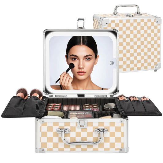 Relavel Makeup Bag with LED Mirror, Makeup Box Travel Train Case with Lighted Mirror & Adjustable Dividers, Cosmetic Brush Organizer Storage for Makeup Artists Gifts for Women and Girls (Plaid, Small)