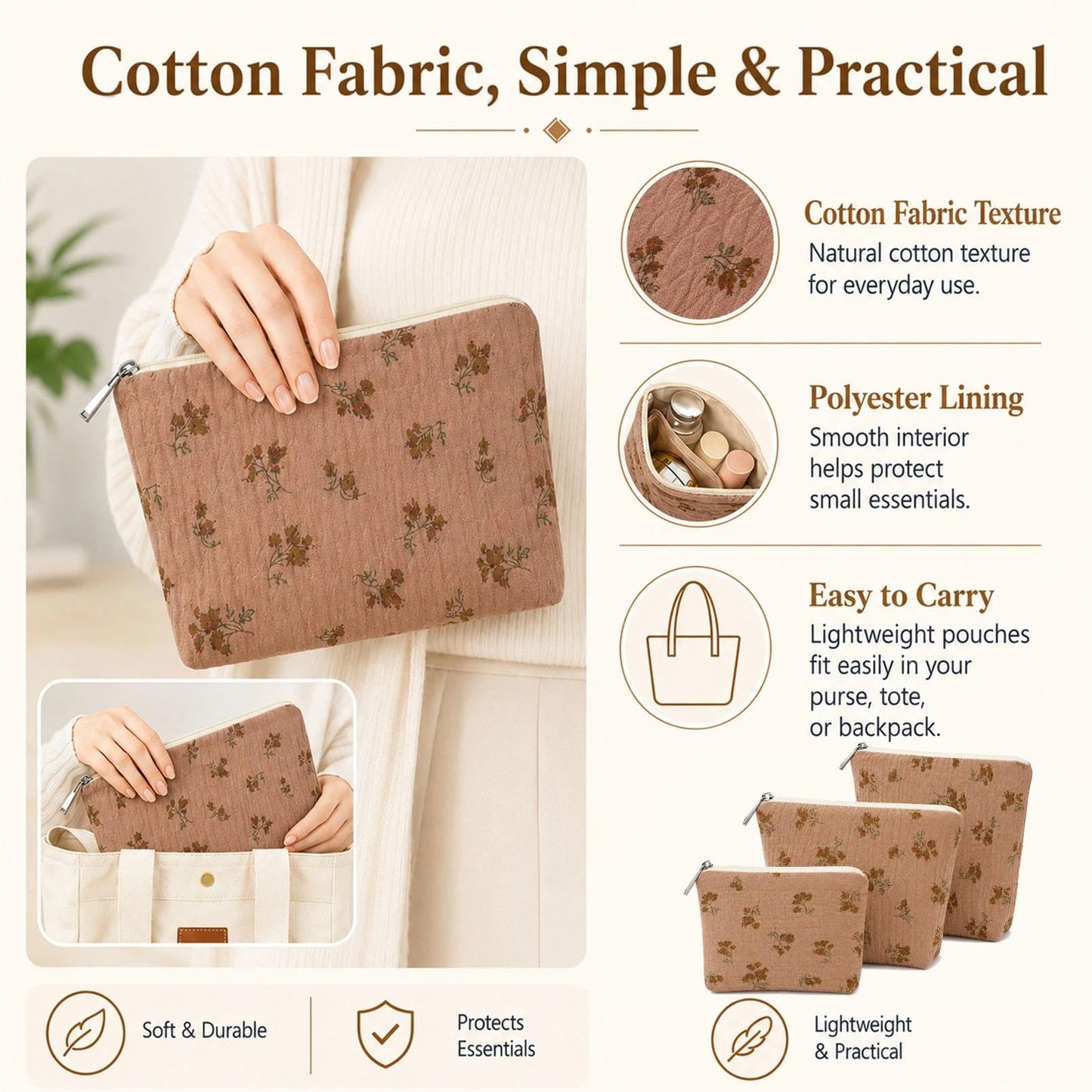 BBORGDC Small Bags for Purse Set of 3, Cute Cotton Floral Purse Organizer Bags, Small Makeup Bag Pouches with Inside Pocket, Cosmetic Pouch Set for Travel & Daily Essentials
