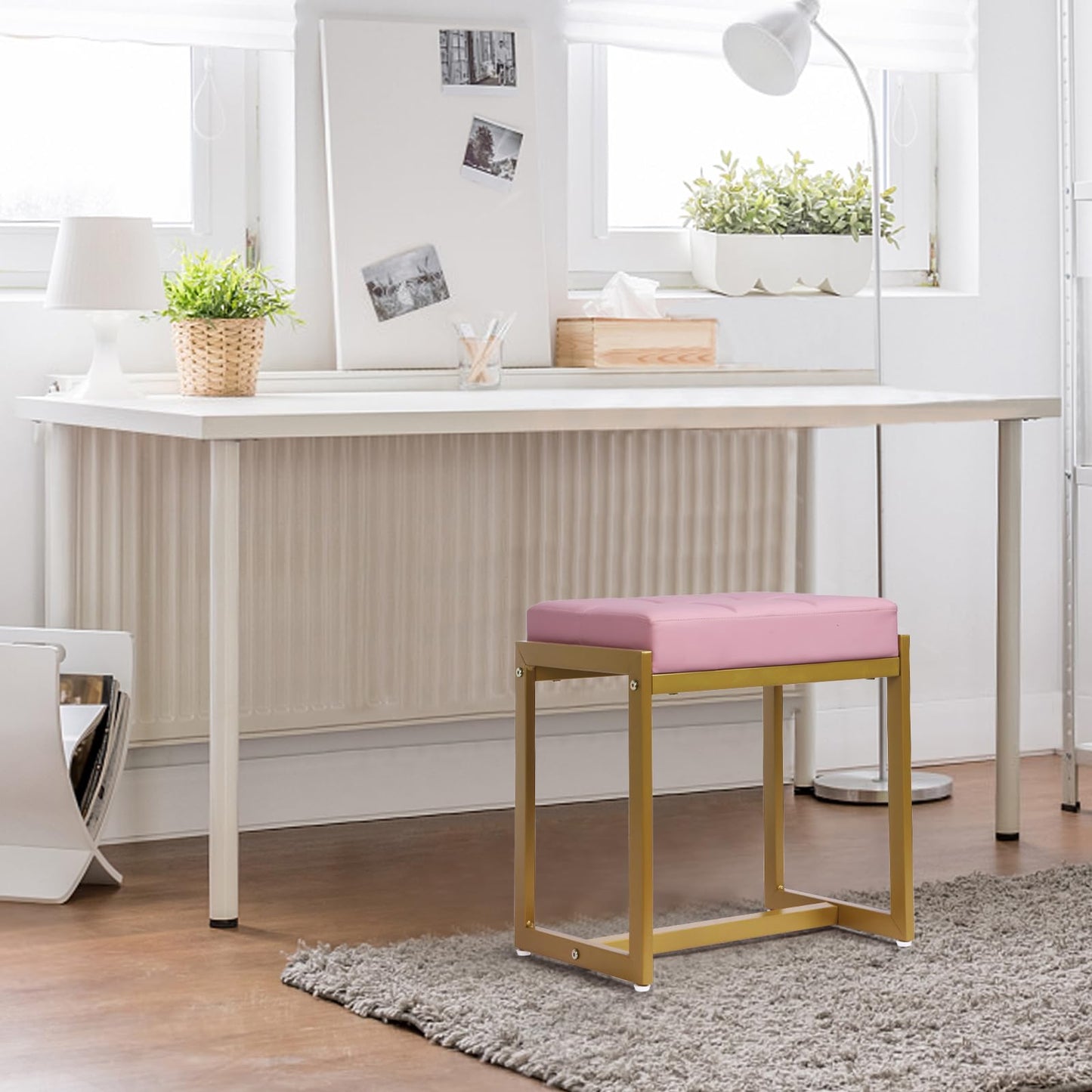 FLYZC Vanity Stool, Pink Small Vanity Stools Chair, Square Cushion Makeup Chairs for Vanity, Metal Foot Stool Ottoman Seat for Bedroom Makeup Living Room, Pink & Gold