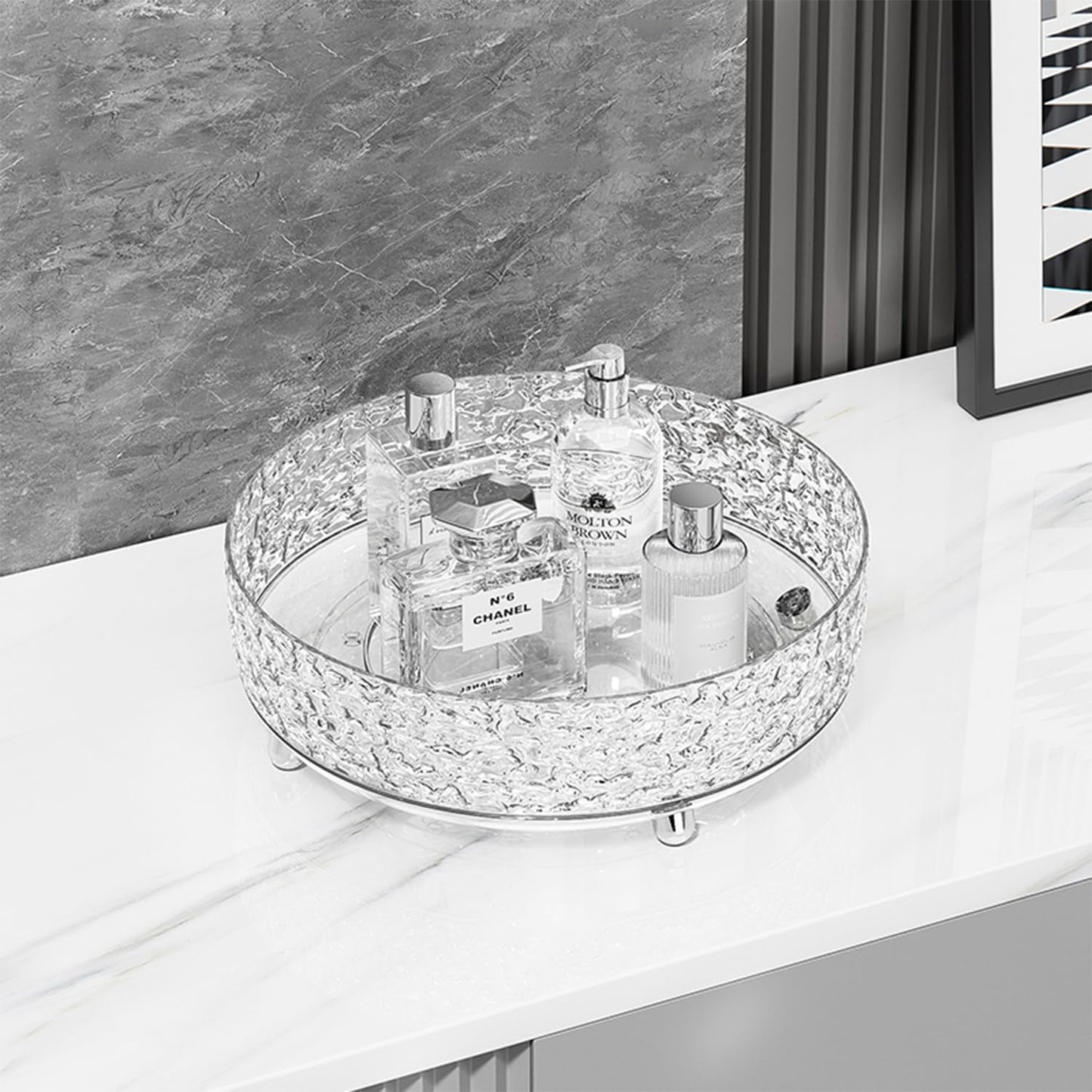 JUPITER WARRIOR 360 Rotating Makeup Organizer, Cosmetics Lazy Susan Spinning Skincare Storage for Vanity, Turntable Perfume Trays for Dresser Bathroom Countertop and Kitchen (Clear)