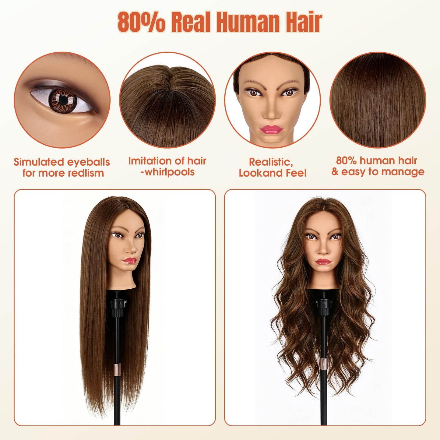 26''Real Hair Mannequin Head,TopDirect 100% Amber Brown Hairdresser Cosmetology Mannequin Doll Head Styling,Manikin Heads Hairs Braiding DIY Styling with Clamp Holder and Tools Set
