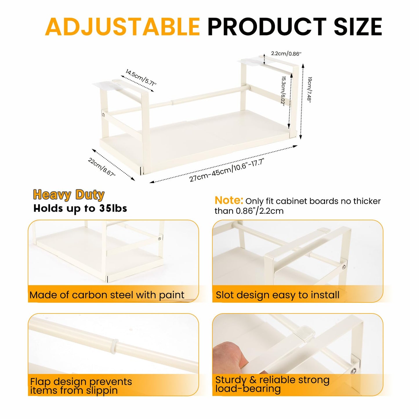 CINPIUK Expandable Under Shelf Storage Basket, Slide-in Storage Rack Under Cabinet Add-on Storage Baskets Heavy Duty Carbon Steel Hanging Organizer for Kitchen Pantry Laundry Bathroom, 1 Pack