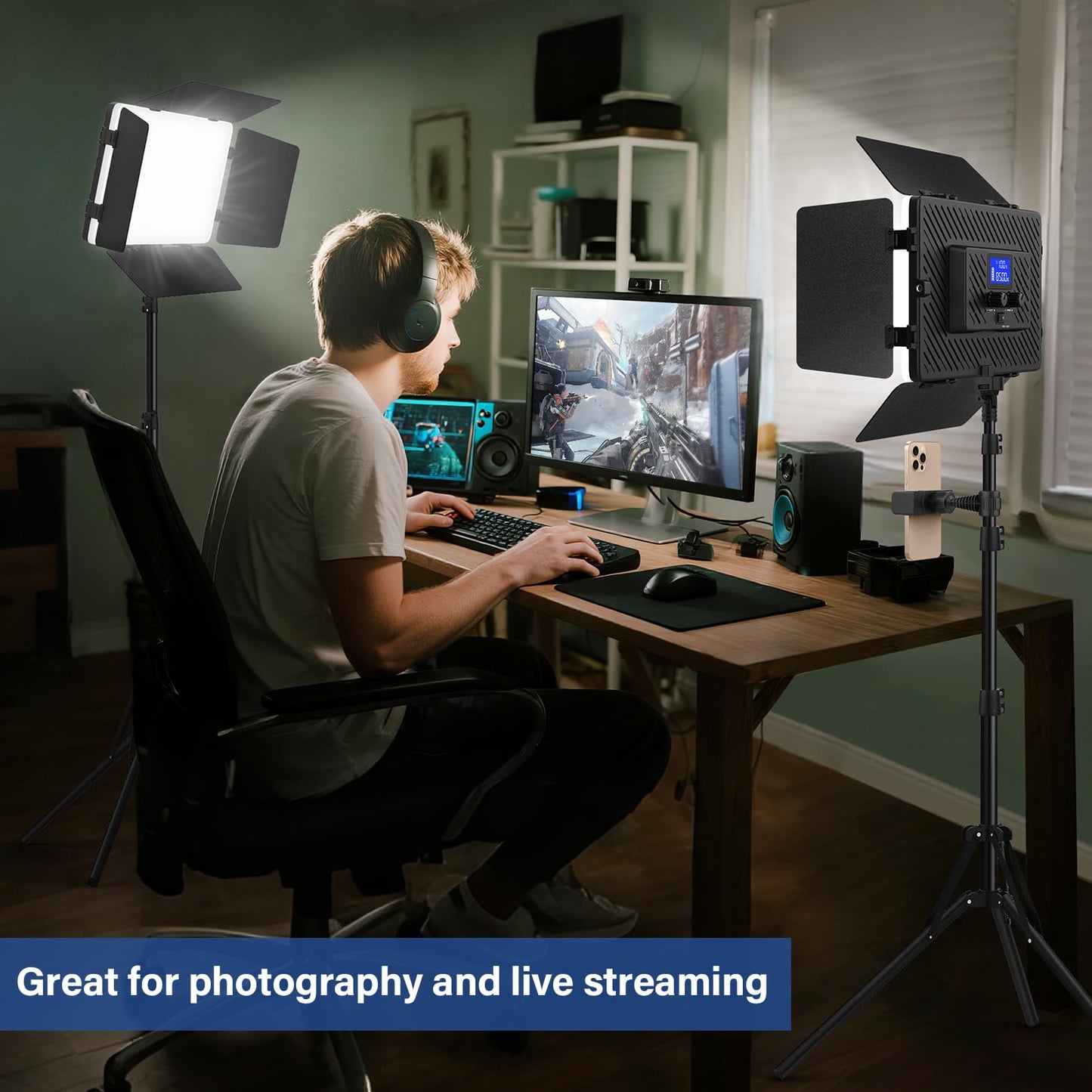2 Pack Led Video Light Kit with Stand, Kmasic Photography Light Panel Built-in 8000mAh & LCD Display, 2200Lux 2500K-8500K Soft Studio Light for Video Recording Game Live Streaming YouTube TikTok