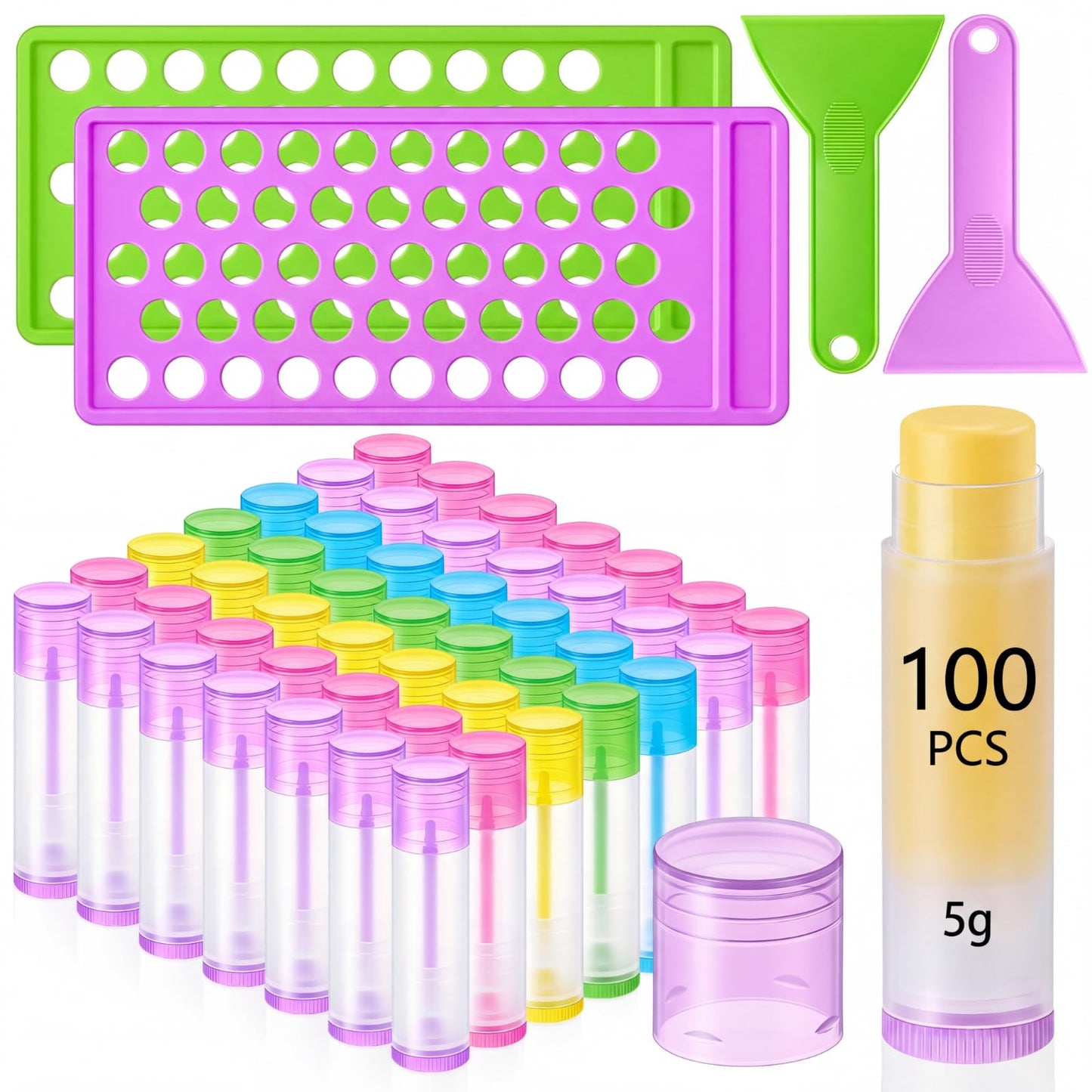 Singhoow 100 Pcs Lip Balm Tubes with 2 Filling Tray and 2 Spatula, 5 g Twist-up Lip Balm Containers with Caps for DIY Homemade Lipsticks, Solid Perfume, Gifts, Bpa Free & Leak Free (Colorful)