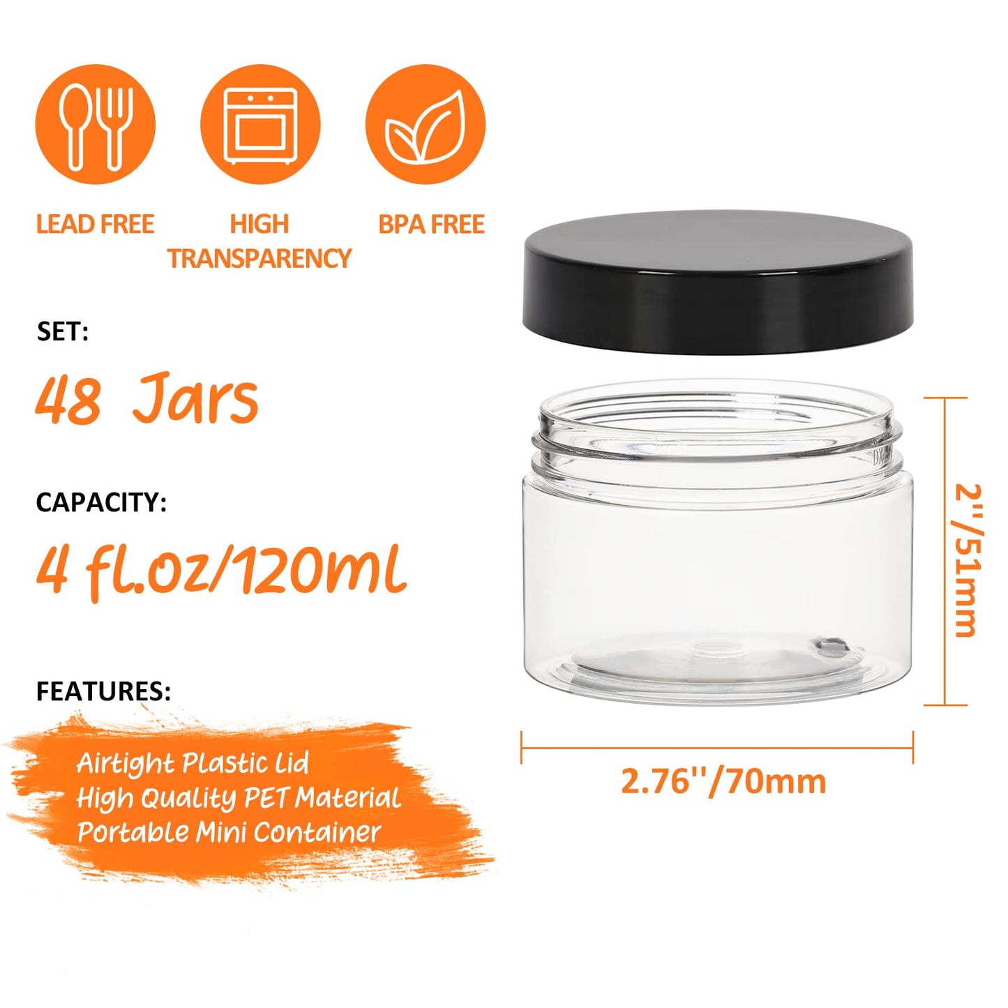 4 oz Small Travel Size Containers 48 Pack, Clear Plastic Jars with Leakproof Tight-Seal Black Lids, Durable Refillable Cosmetic Storage for Toiletries, Lip Balm, Lotion, Cream, Slime, Great Value Set