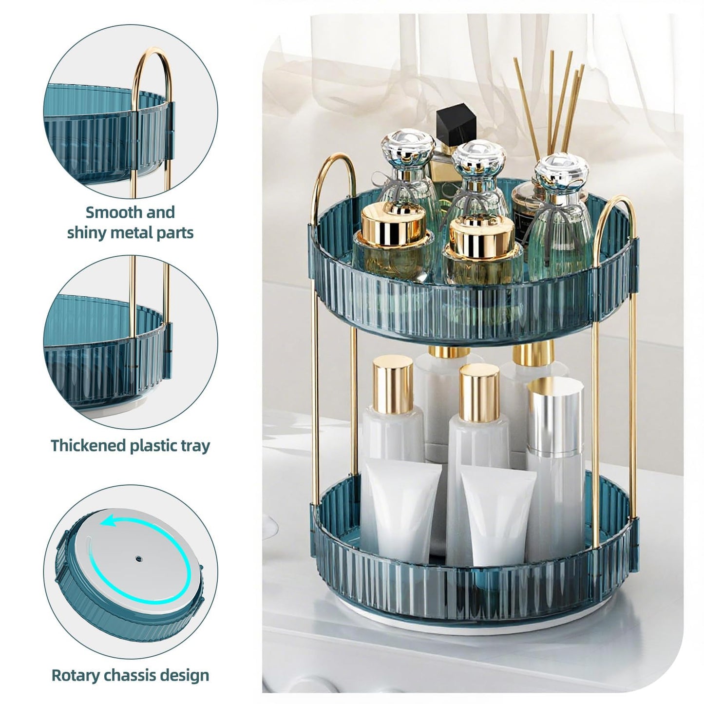 INVSSENE 360° Rotating Makeup Organizer, Bathroom Organizers and Storage Holder Rack, Large Capacity Vanity Shelf Countertop, Fits Cosmetics, Perfume, Skin Care(Blue, 2 Tiers)