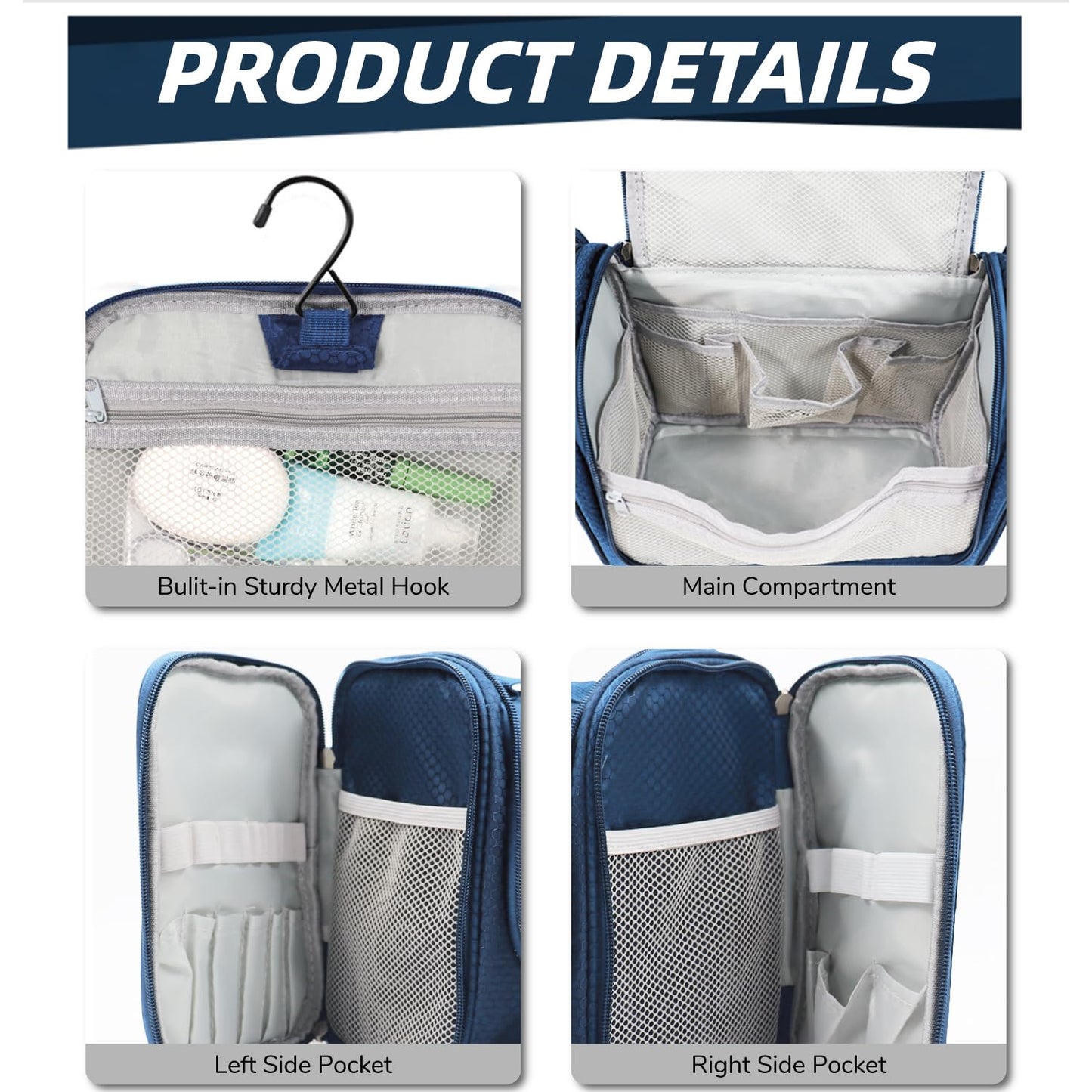 Buruis Hanging Toiletry Bag for Women and Men, Large Water-Resistant Makeup Organizer with Sturdy Hook, Lightweight Nylon Dopp Kit for Full-Sized Toiletries & Cosmetics, Blue