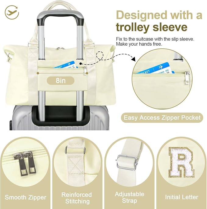 Dance Gym Duffel Bag for Teen Girls, Personalized Initial Travel Weekender Bag,Cute Overnight Carry On Duffle for Women,Sports Travel Cheer Bag,Monogram Christmas Gifts for Tween Preppy(beige-R)