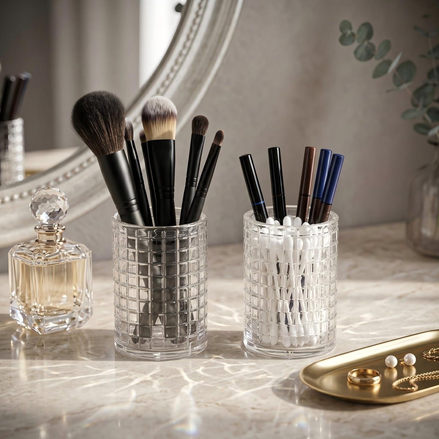 Makeup Brush Holder Organizer, Grid Pattern Glass Storage Box Container, Multifunctional Toothbrush Desk Pen Pencil Holder for Crystal Home Decor, Table Centerpiece, Wedding, Party(Clear 2 Pack)