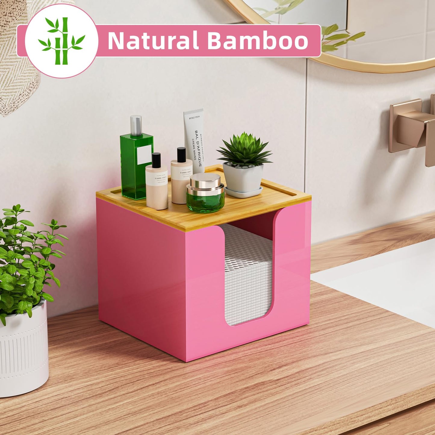 VITVITI Disposable Face Towel Holder Box, Acrylic Facial Towel Container for XL Clean Skin Club, Large Disposable Face Towels Storage with Bamboo Lid, for Bathroom, Vanity Makeup, Pink