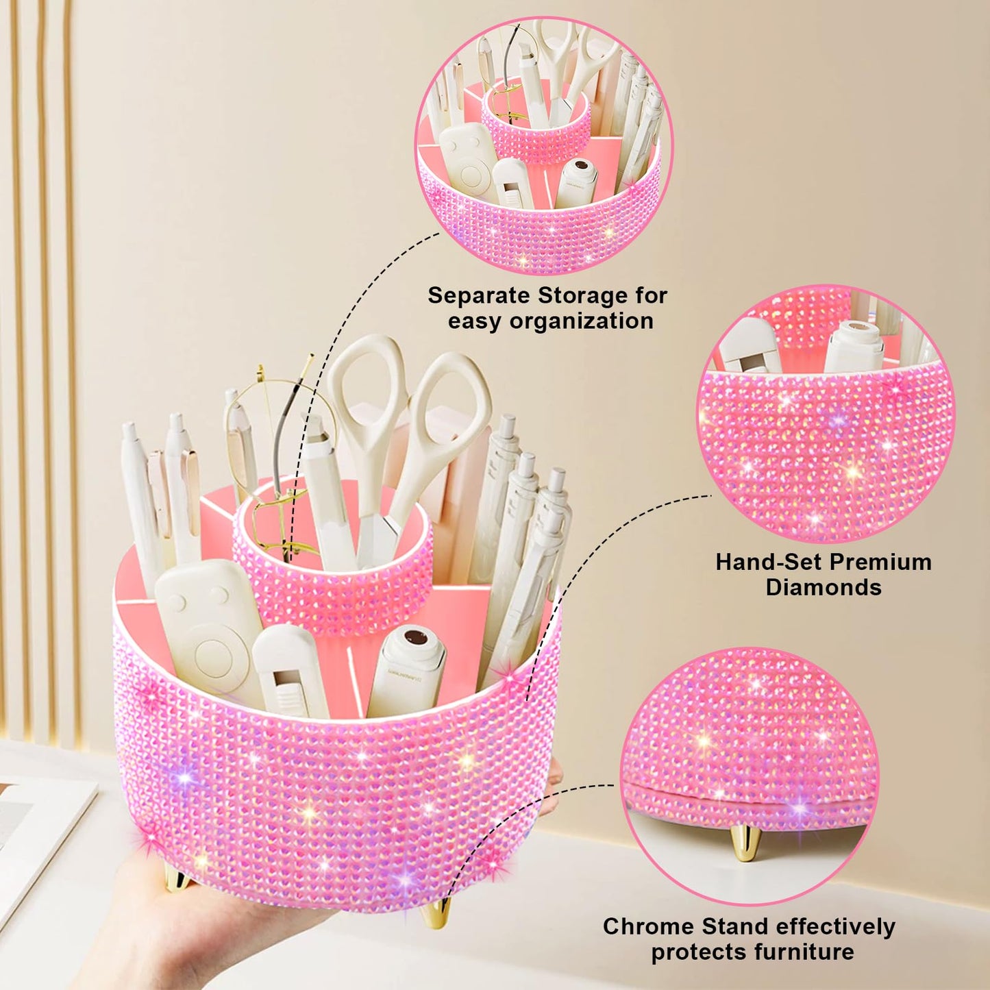 Diesisa Bling Diamond 360° Makeup Brush Holder Organizer, Rotating Makeup Brush Organizer,5 Slot Make up Brushes Cup for Cosmetics, Vanity Desktop Organizer, Gift for Women Teen Girls- Diamond Pink