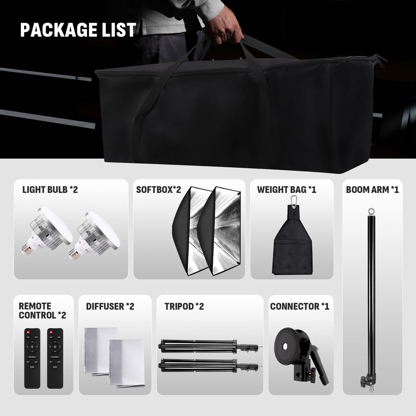 NiceVeedi 85W Photography Lighting, 2-Pack 20'' x 28'' Professional Softbox Lighting Kit with 53'' Boom Arm & 91'' Tripod Stand, Remote Control, Studio Lights for Live Streaming/Portrait/Photography