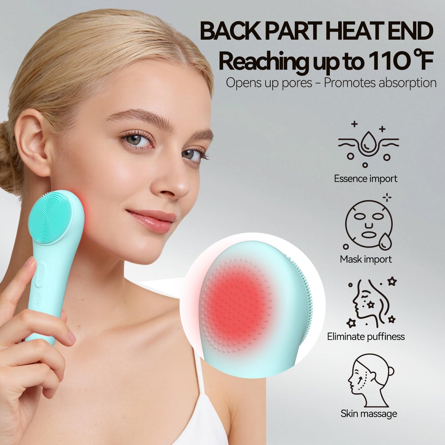 AuraBea Rechargeable Silicone Facial Cleansing Brush for Women & Men - 5 Modes Waterproof Face Scrubber with Heat Massage, Deep Cleansing & Exfoliating Electric Face Brush (Green)