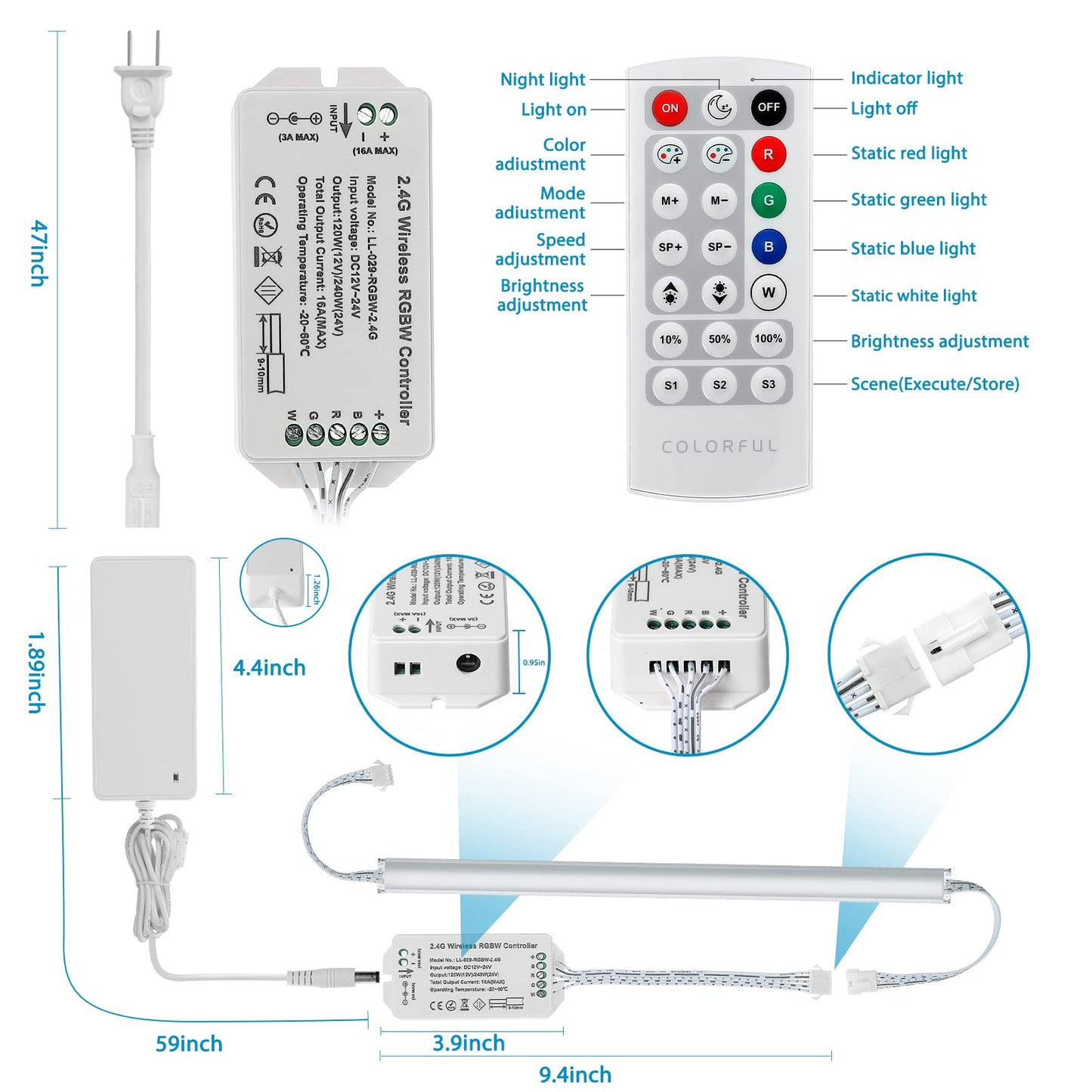 Litever Under Cabinet LED Lighting Kit. RGB Color & Bright Warm White Light. Slim Linkable LED Light Bars with Power Adapter, Controller, Extension Cords. Max 24W. Dimmable. Plug in. RGB + 3000K.