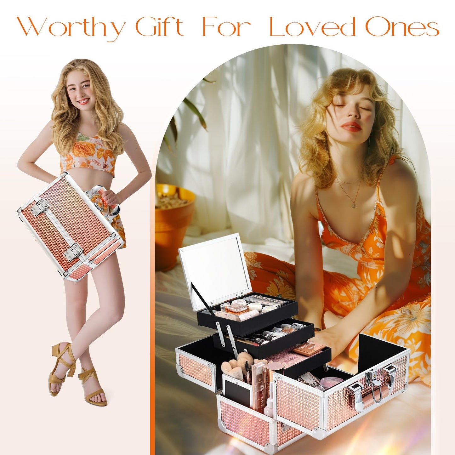 Joligrace Dazzle Gold Makeup Train Case, 3-Tier Makeup Box Organizer and Portable Makeup Organizer Box, Hard Makeup Case with Mirror and Lock, Professional Makeup Case for Women