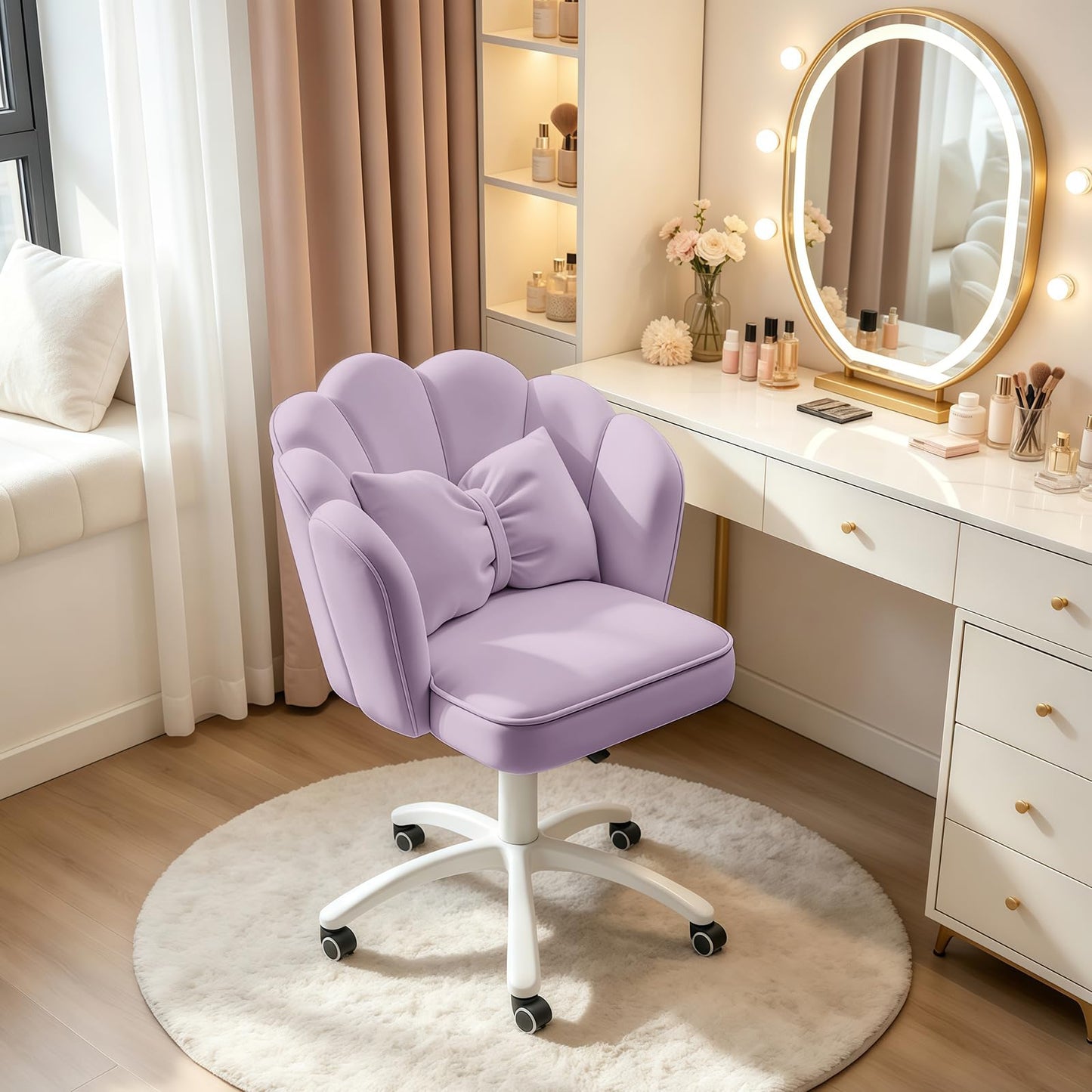 XUEGW Petal Desk Chair with Bow Cushion Velvet Vanity Chair with Wheels, Upholstered Home Office Chair for Girls Women, Mid-Back Swivel Computer Task Chairs for Living Room Bedroom
