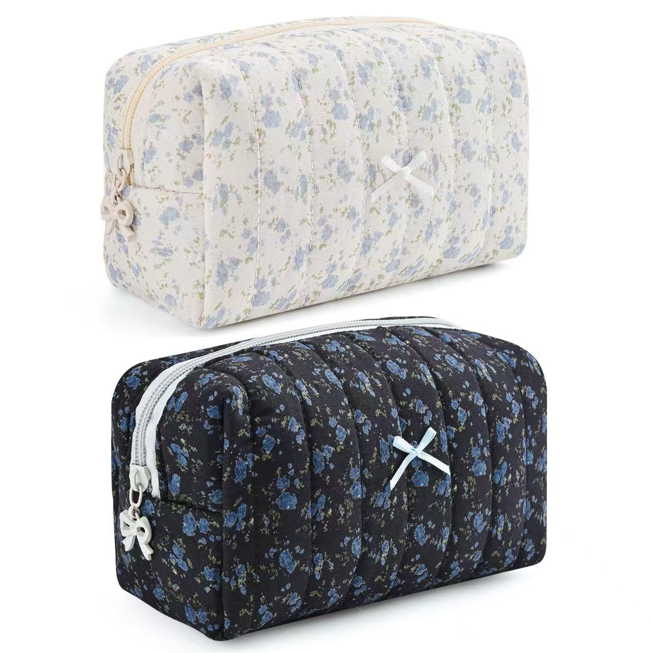 2 Pack Puffy Quilted Makeup Bag Set,Floral Quilted Makeup Pouch,Coquette Cotton Toiletry Bag for Travel Women Girl, Flower Cute Pouch Travel Toiletry Bags,Aesthetic Travel Cosmetic Bags